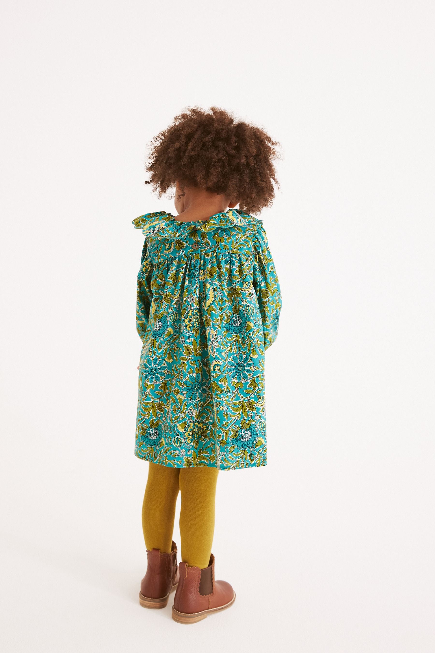 Green Floral Collar Dress And Tights Set (3mths-8yrs)