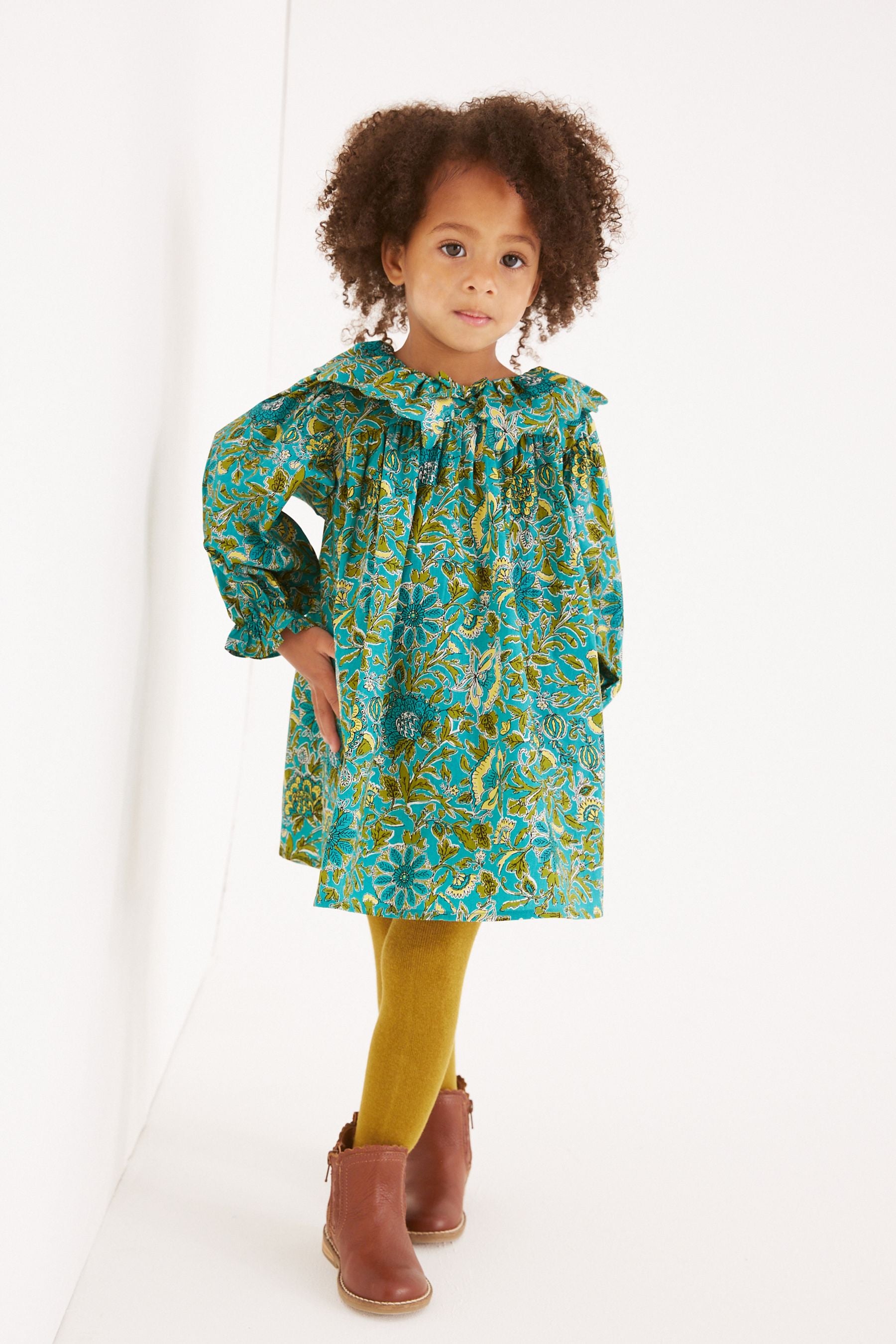 Green Floral Collar Dress And Tights Set (3mths-8yrs)