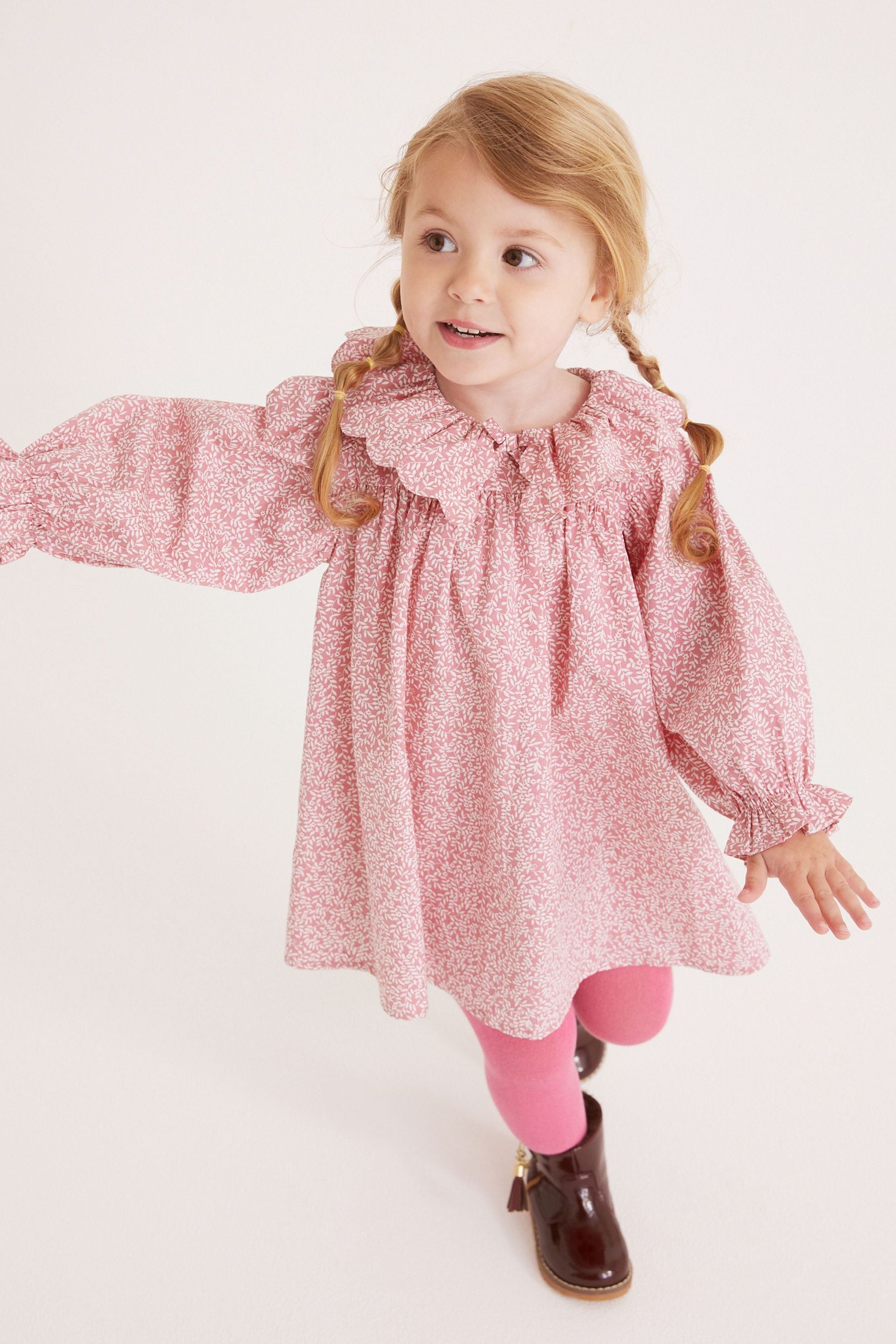 Pink Ditsy Collar Dress And Tights Set (3mths-8yrs)