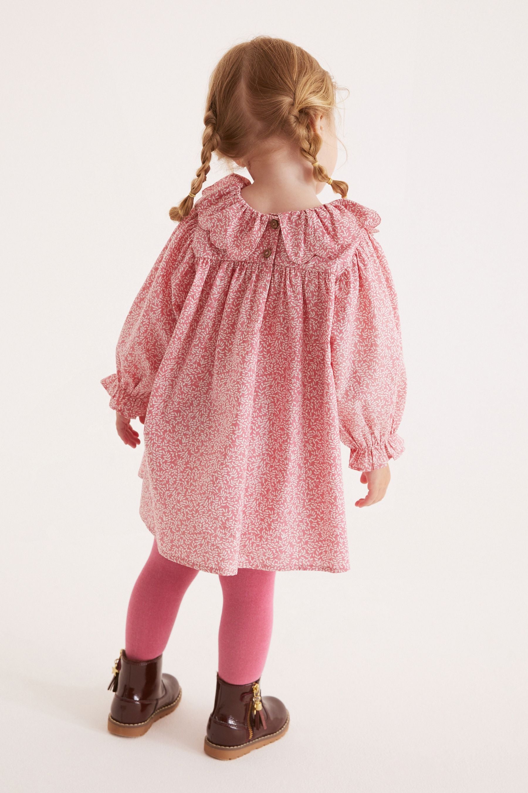 Pink Ditsy Collar Dress And Tights Set (3mths-8yrs)