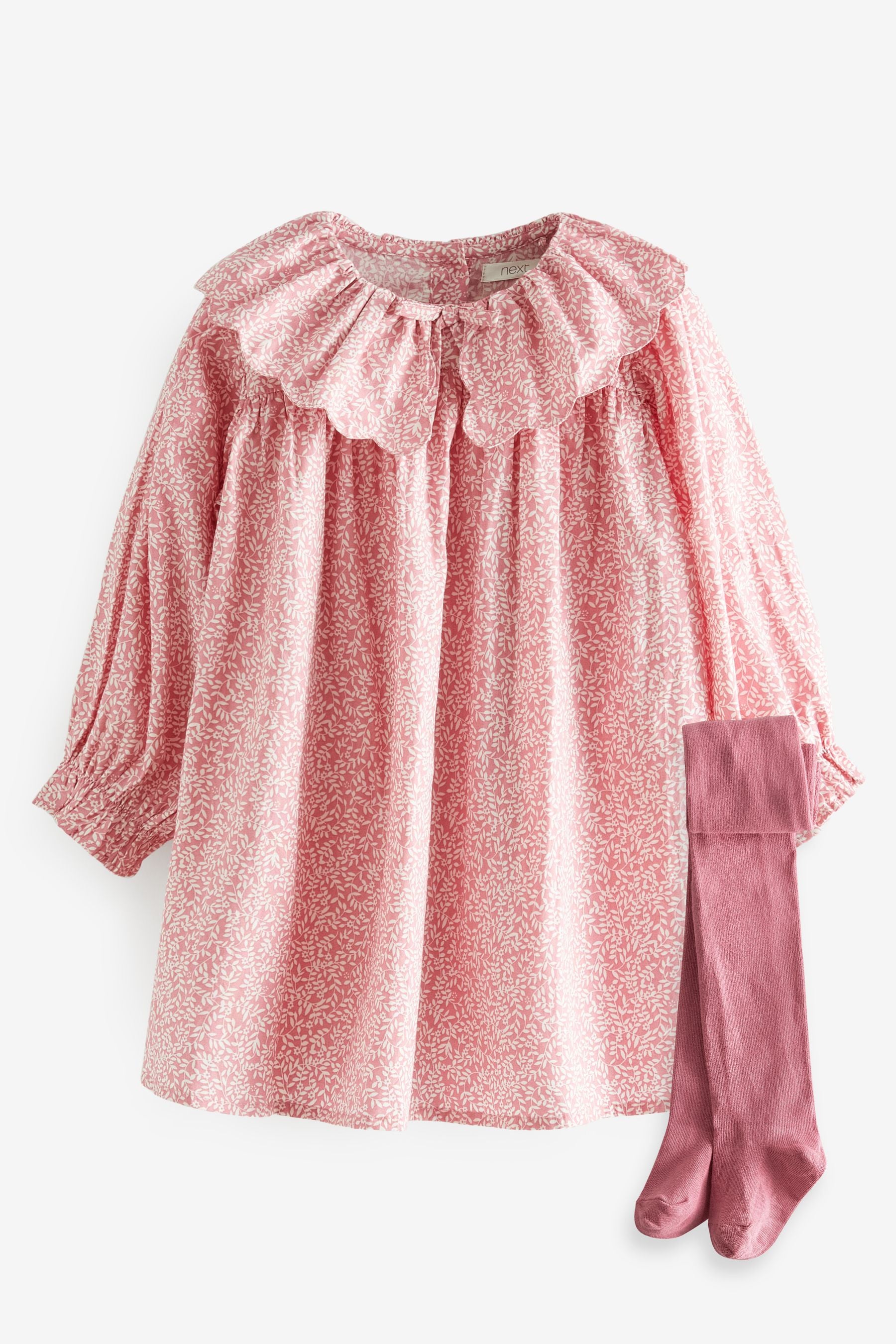 Pink Ditsy Collar Dress And Tights Set (3mths-8yrs)