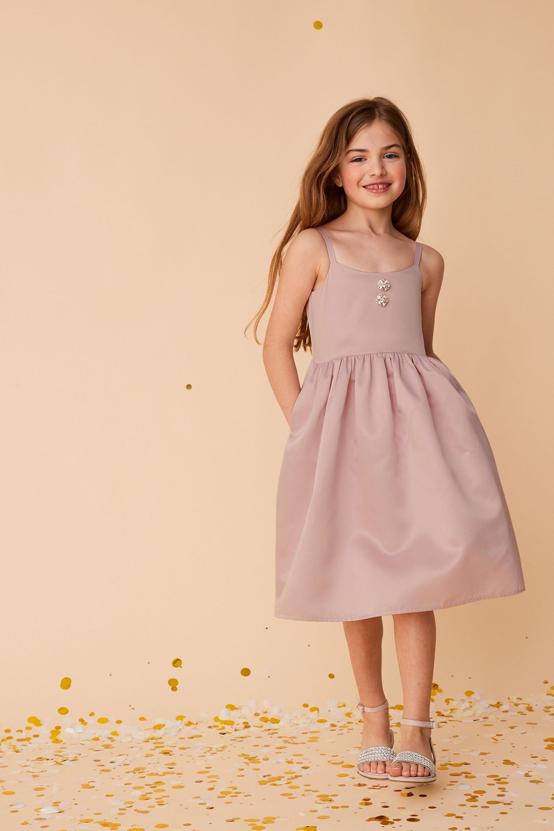 Pale Pink Jewel Button Satin Dress (3-16yrs)