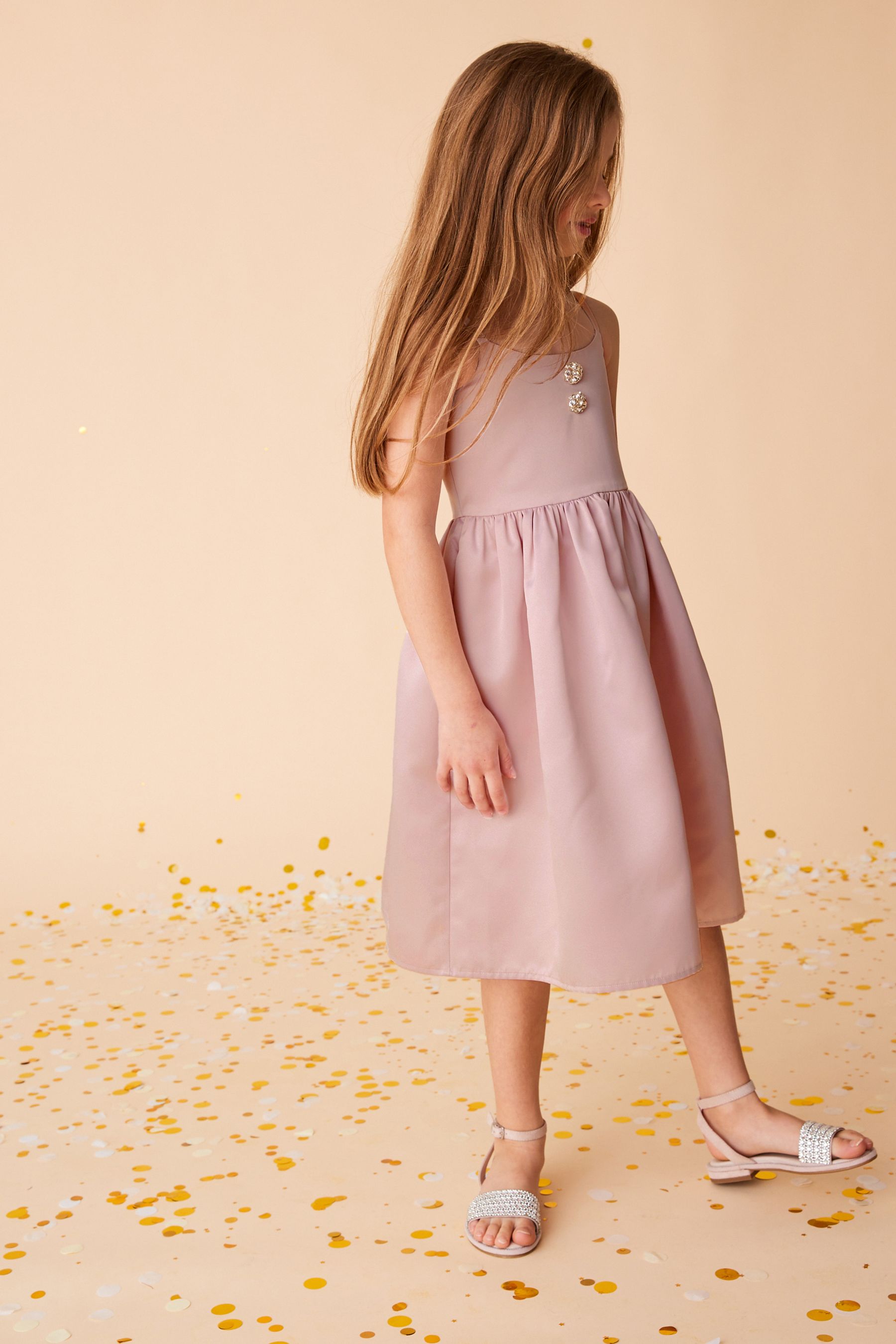 Pale Pink Jewel Button Satin Dress (3-16yrs)