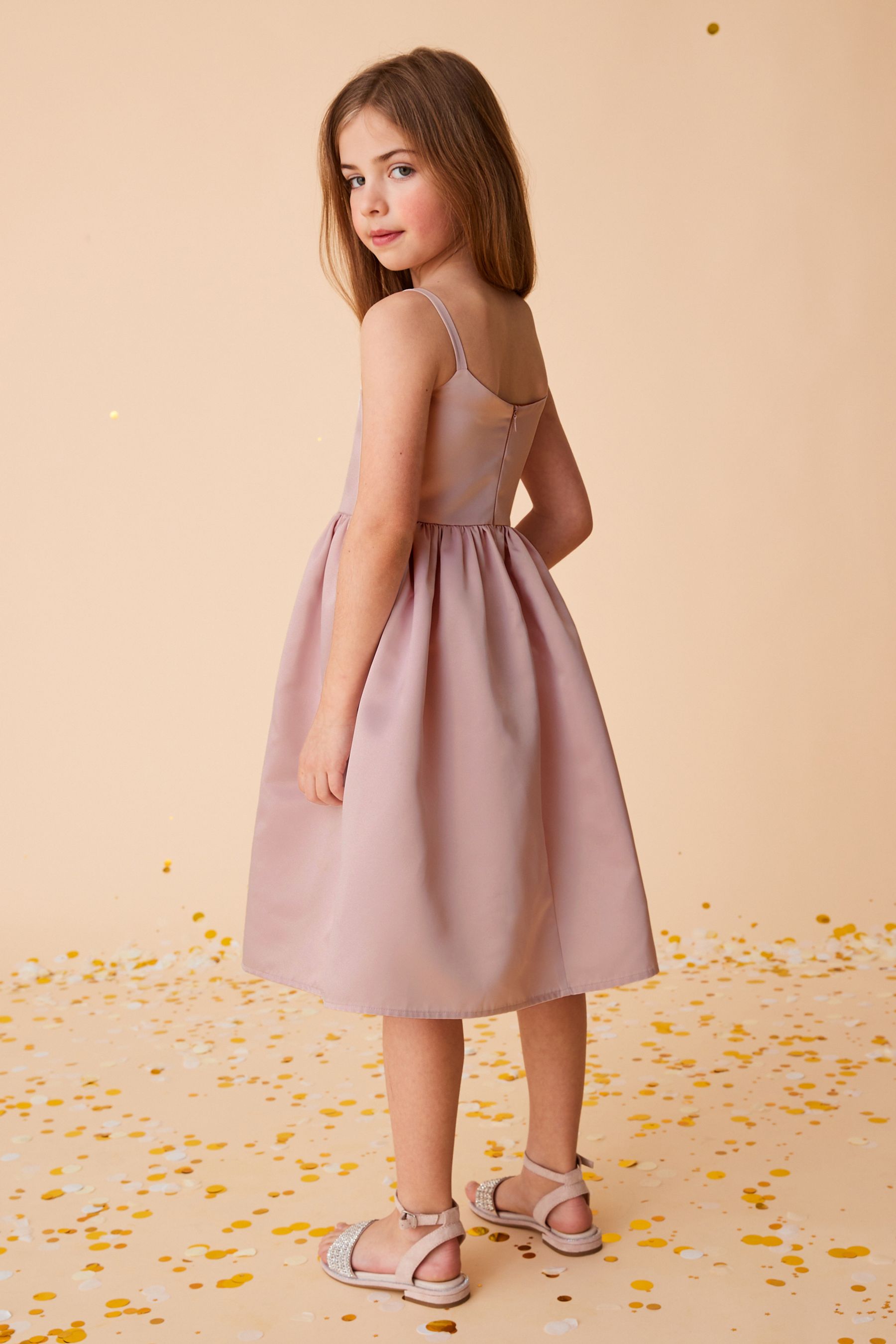 Pale Pink Jewel Button Satin Dress (3-16yrs)