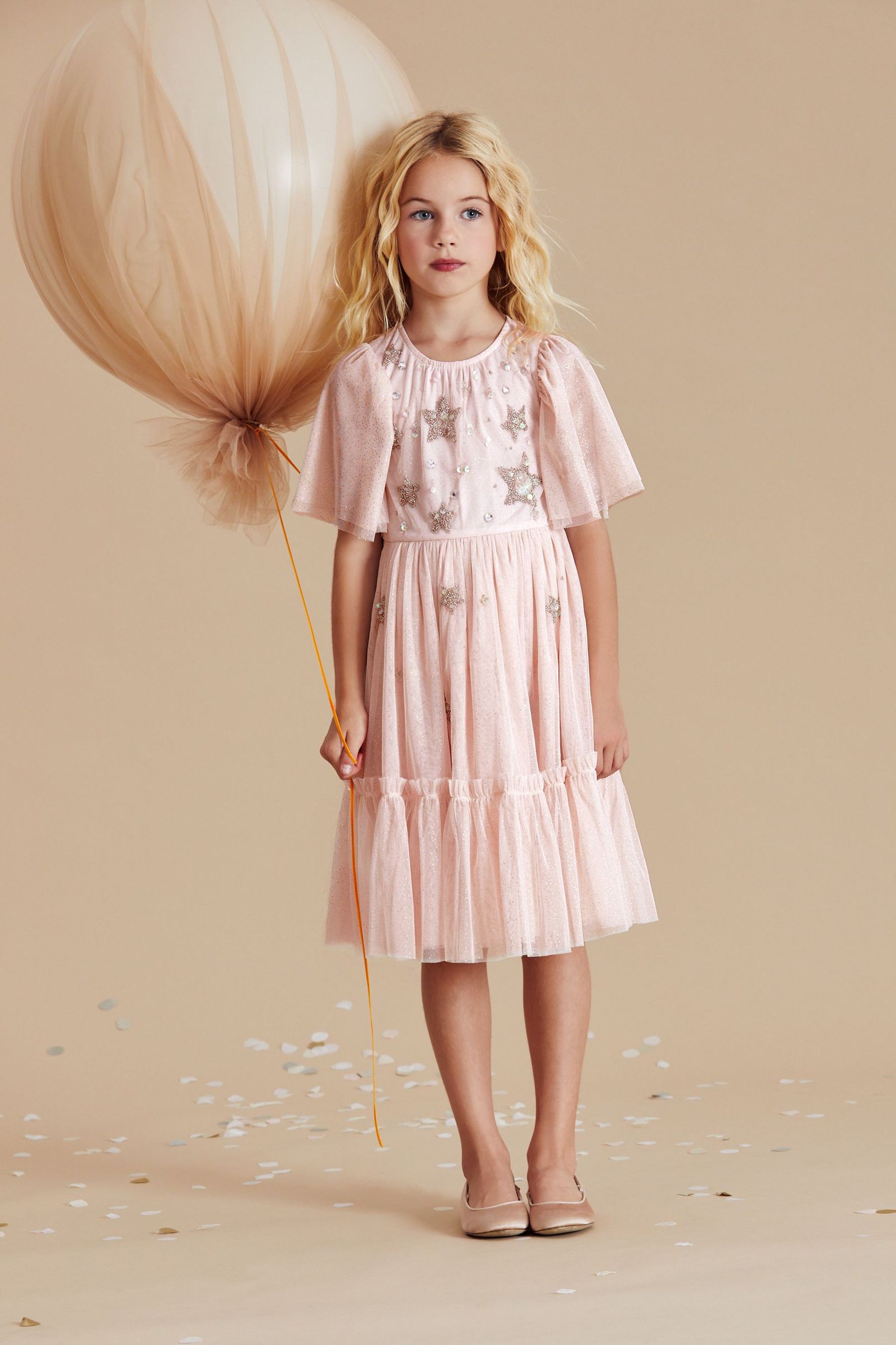 Soft Pink Star Embellished Mesh Dress (3-16yrs)