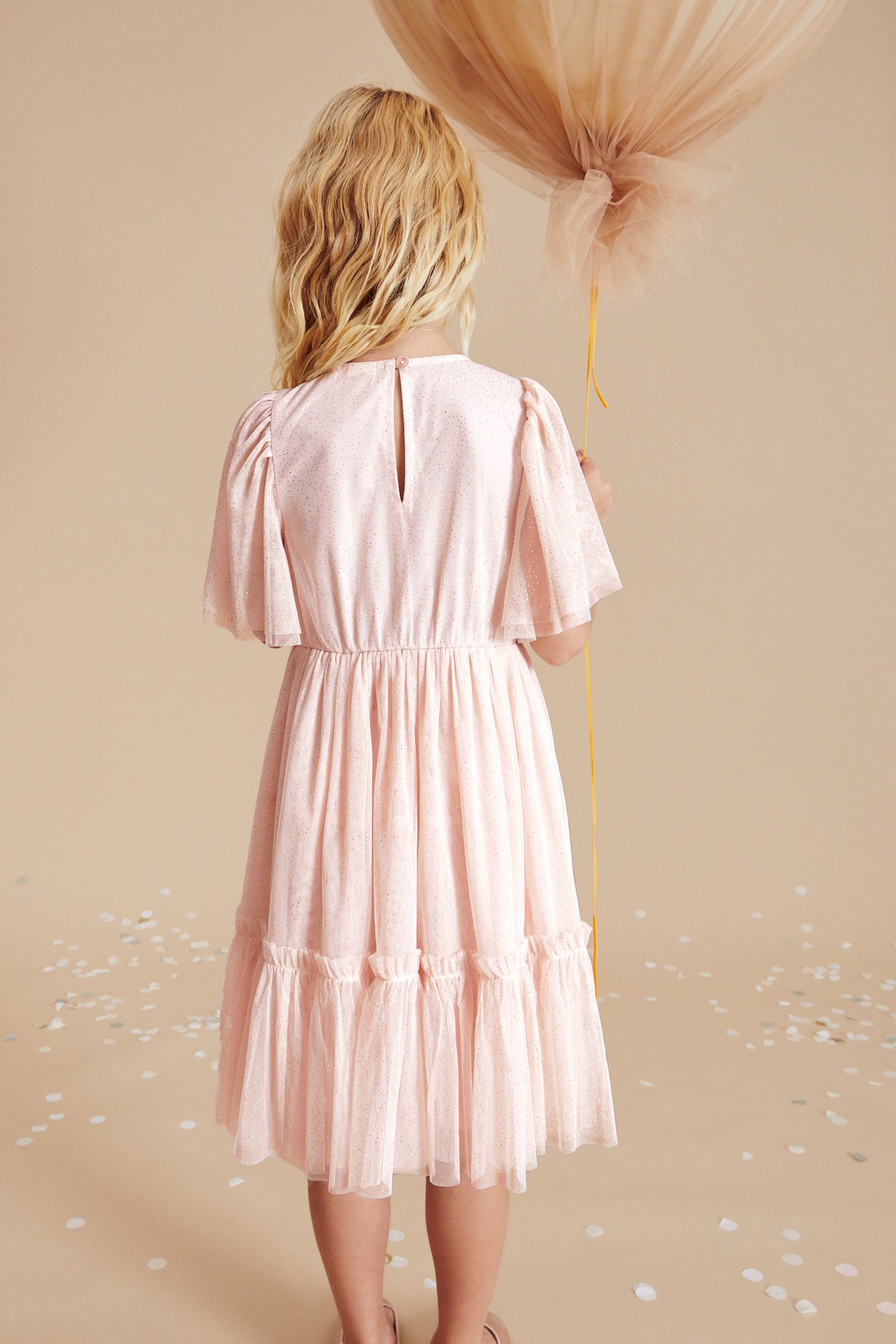 Soft Pink Star Embellished Mesh Dress (3-16yrs)