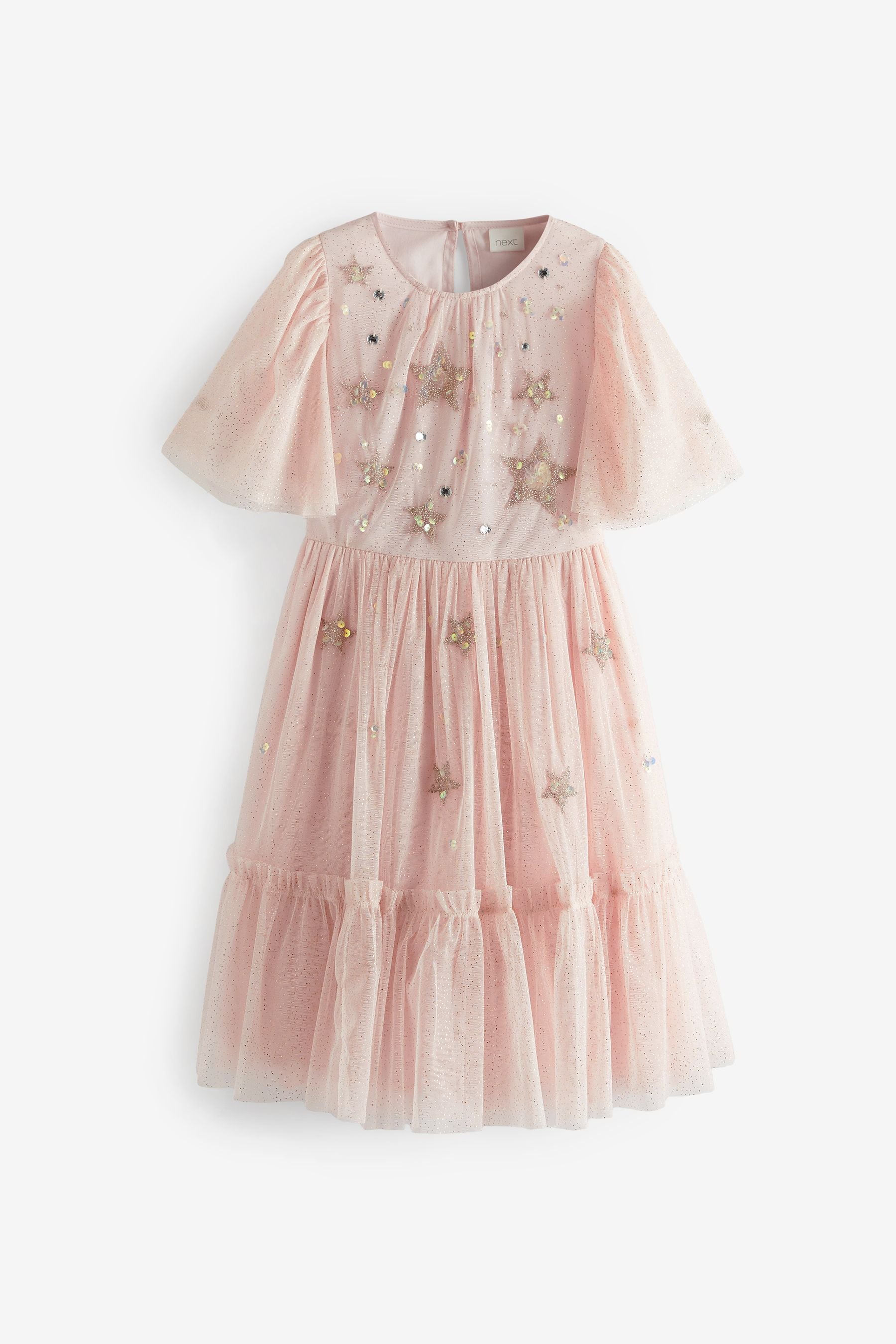 Soft Pink Star Embellished Mesh Dress (3-16yrs)