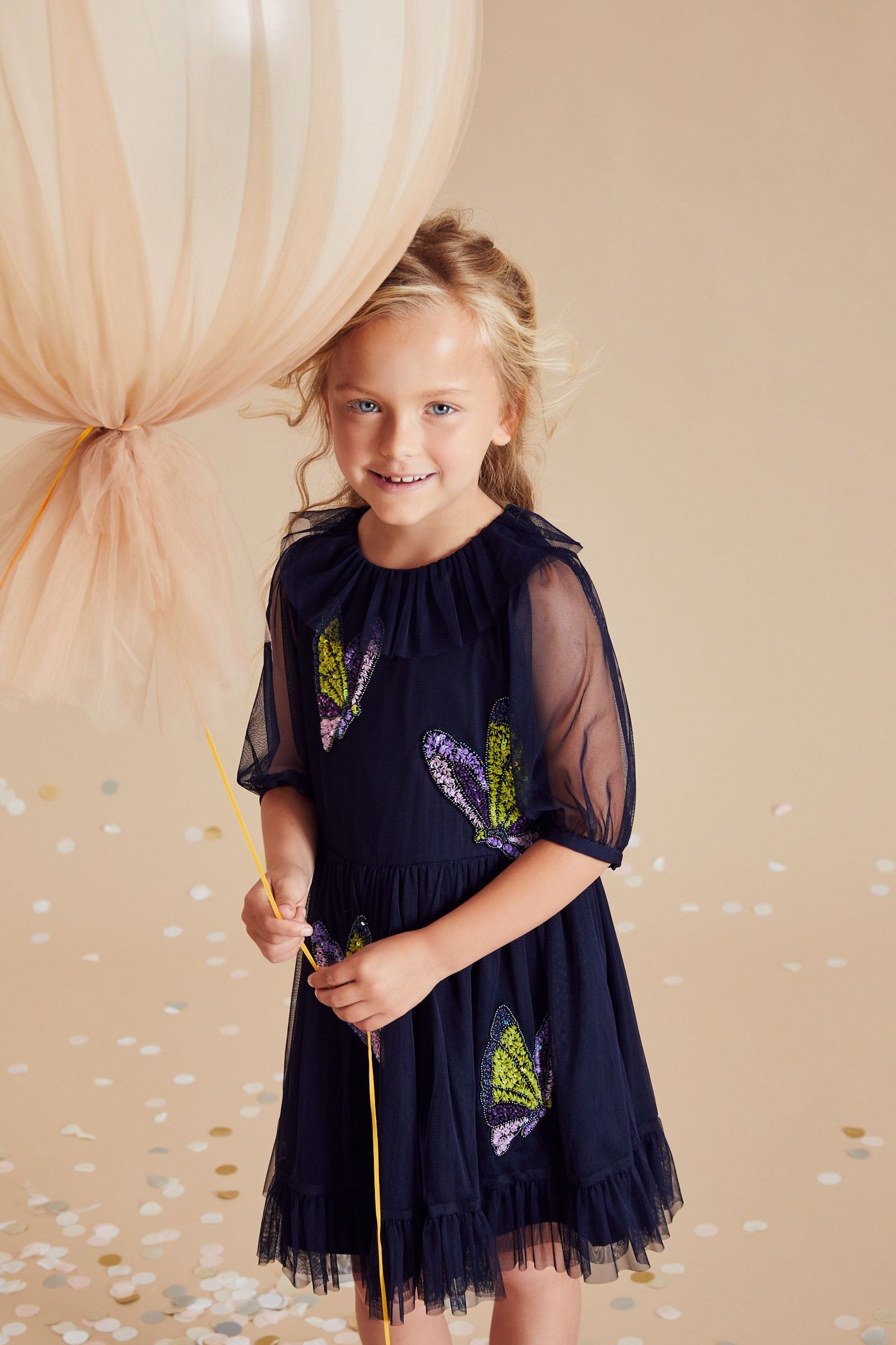 Navy Blue Butterfly Embellished Mesh Dress (3-16yrs)