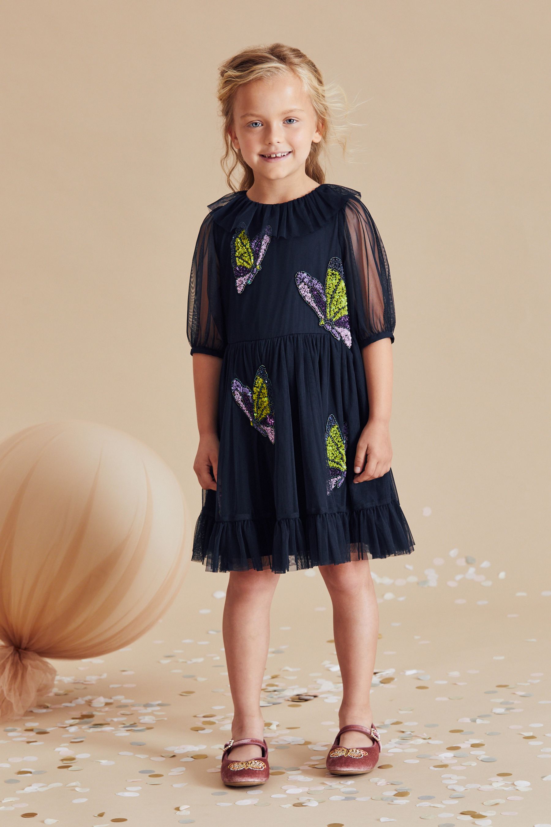 Navy Blue Butterfly Embellished Mesh Dress (3-16yrs)