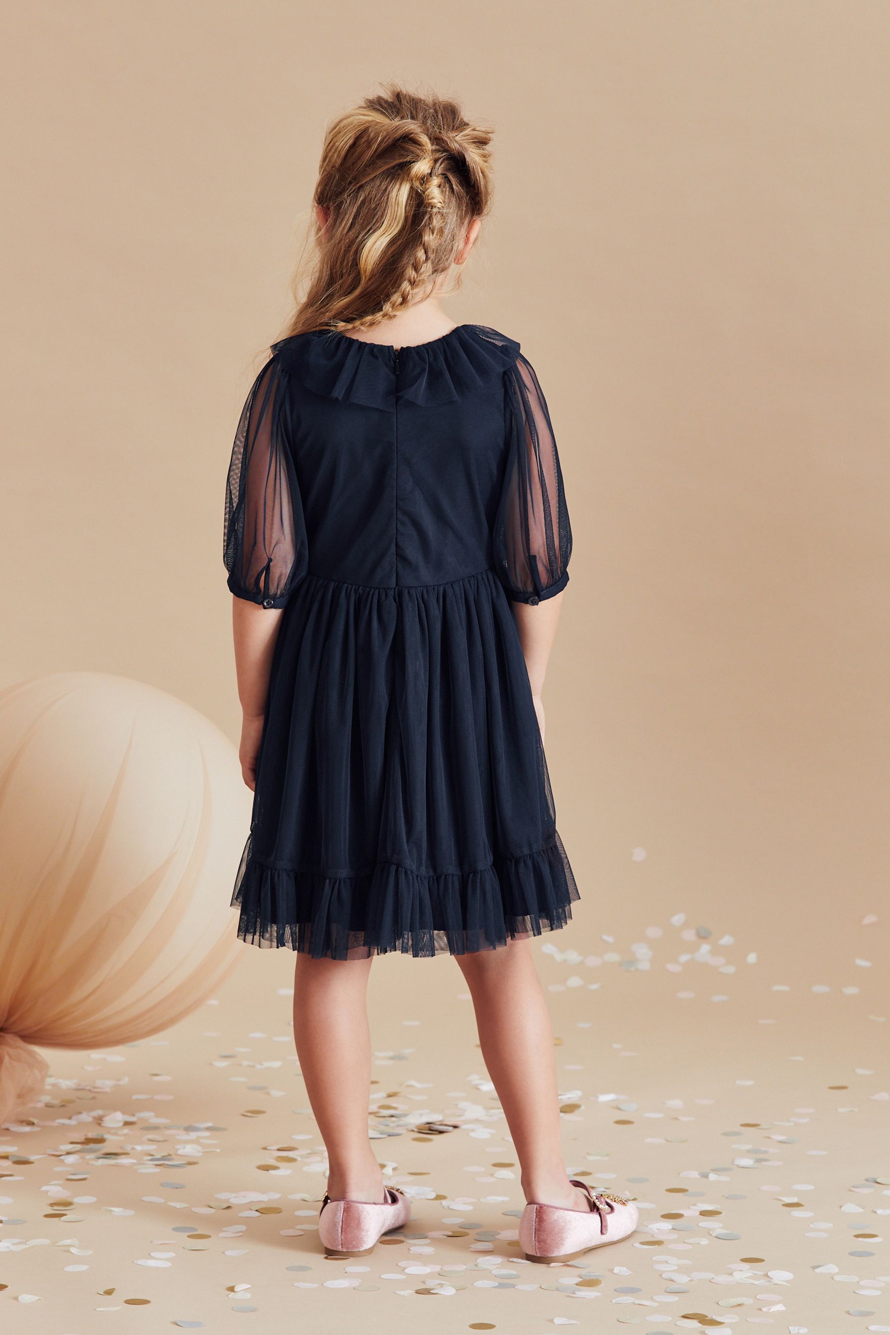 Navy Blue Butterfly Embellished Mesh Dress (3-16yrs)