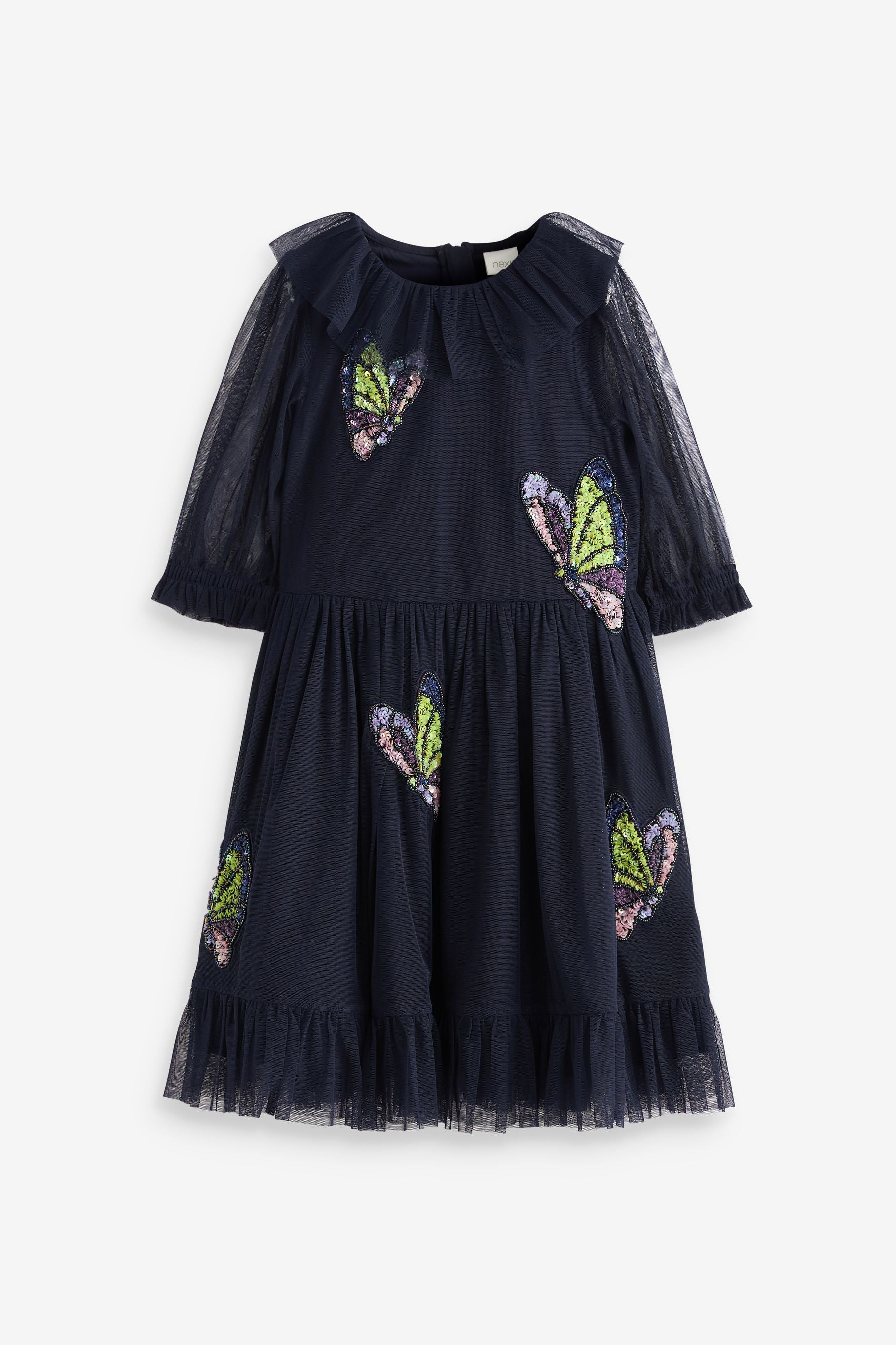 Navy Blue Butterfly Embellished Mesh Dress (3-16yrs)