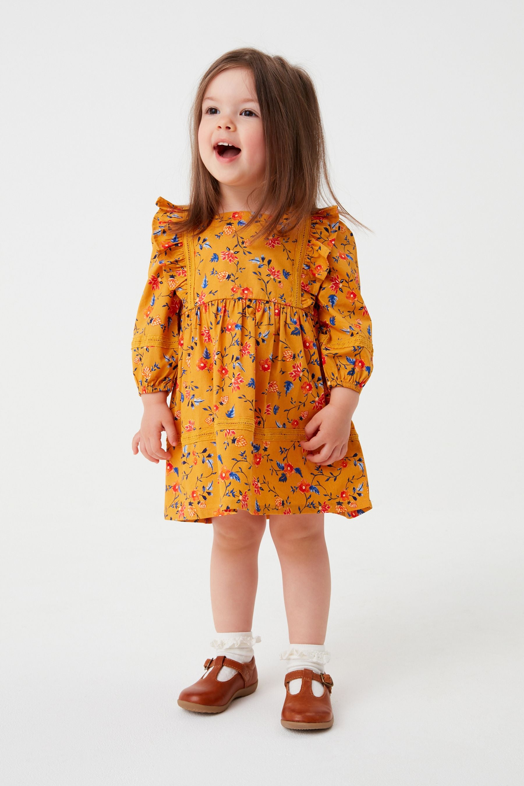 Ochre Yellow Printed Lace Trim Dress (3mths-7yrs)