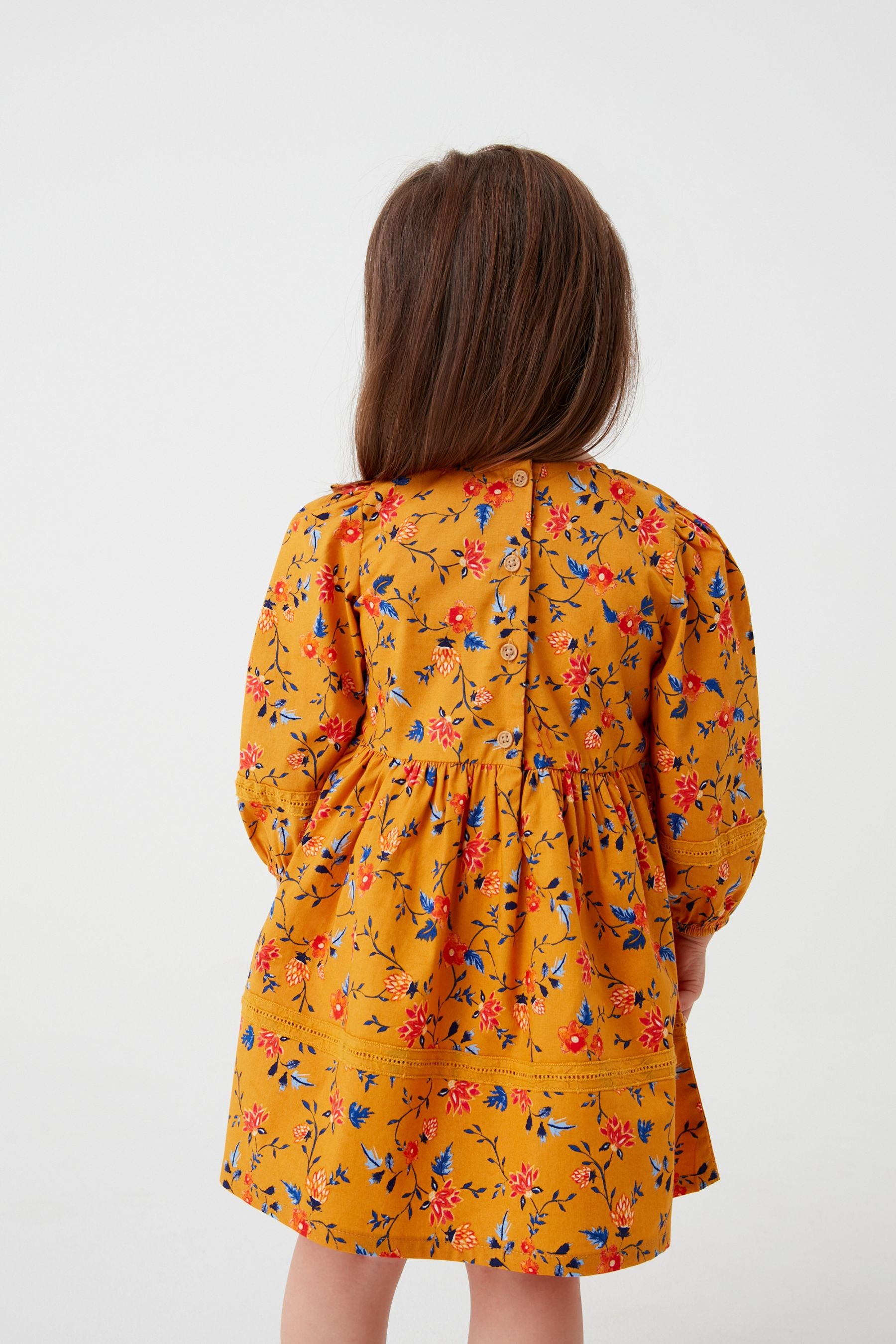 Ochre Yellow Printed Lace Trim Dress (3mths-7yrs)