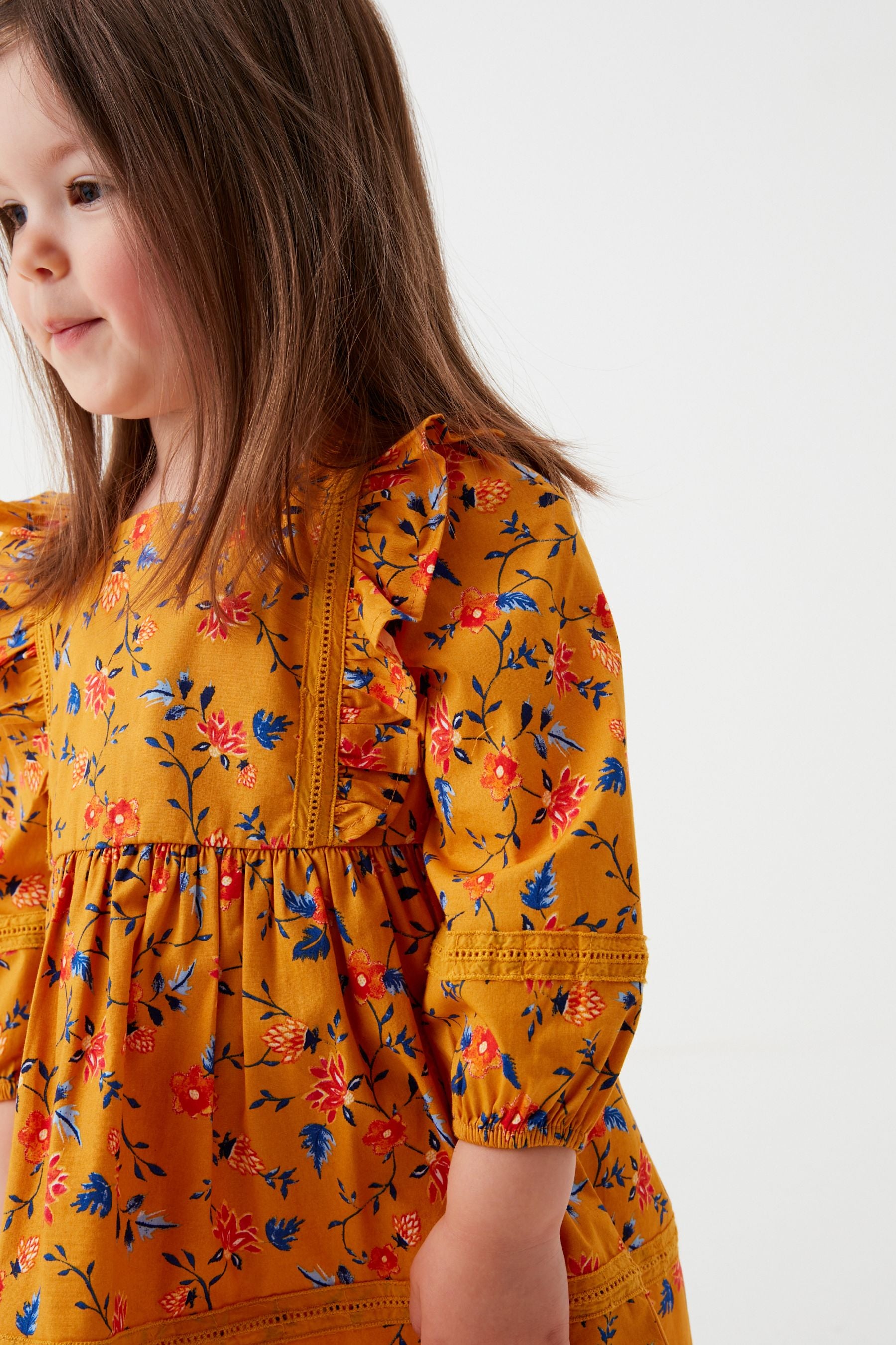 Ochre Yellow Printed Lace Trim Dress (3mths-7yrs)