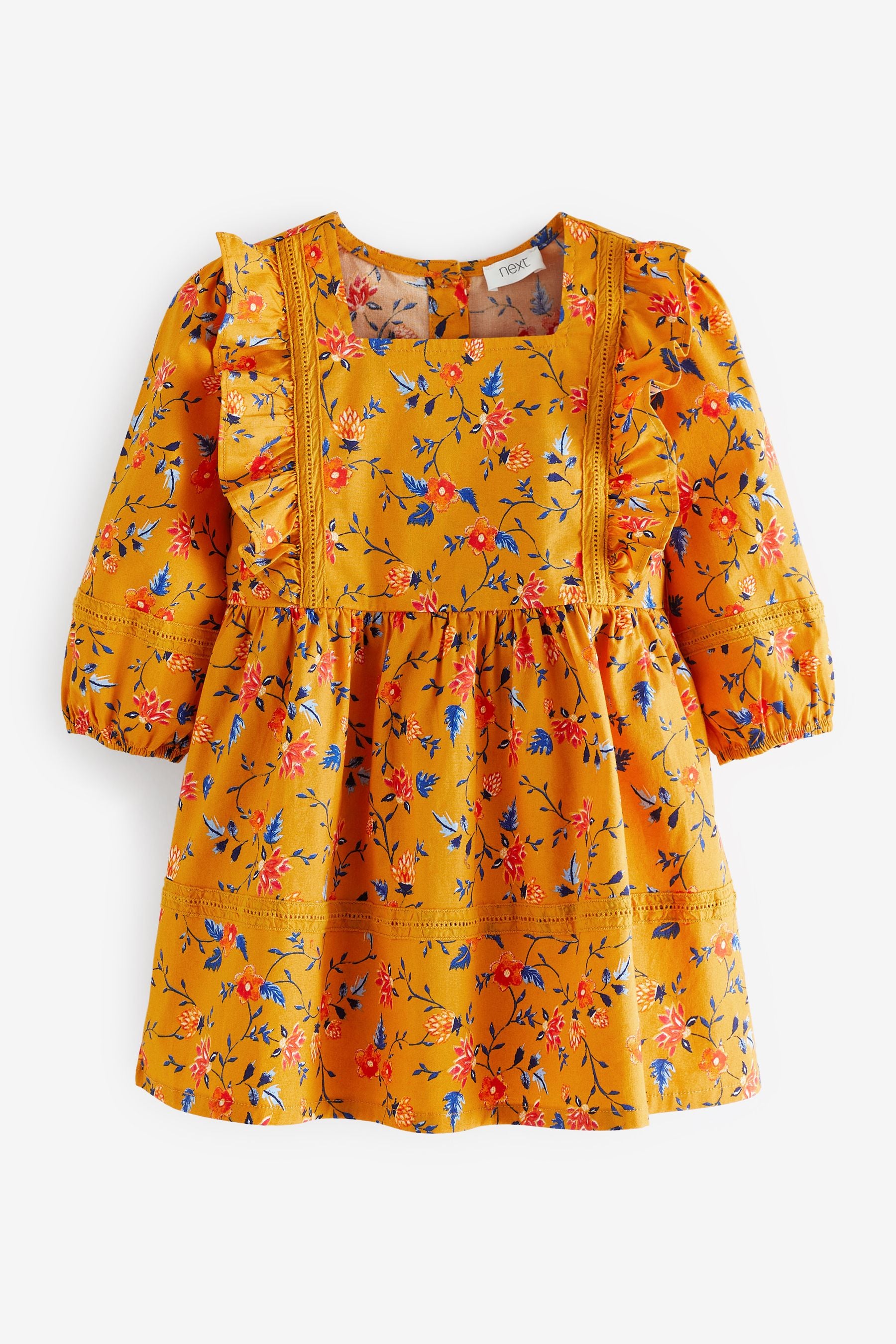 Ochre Yellow Printed Lace Trim Dress (3mths-7yrs)