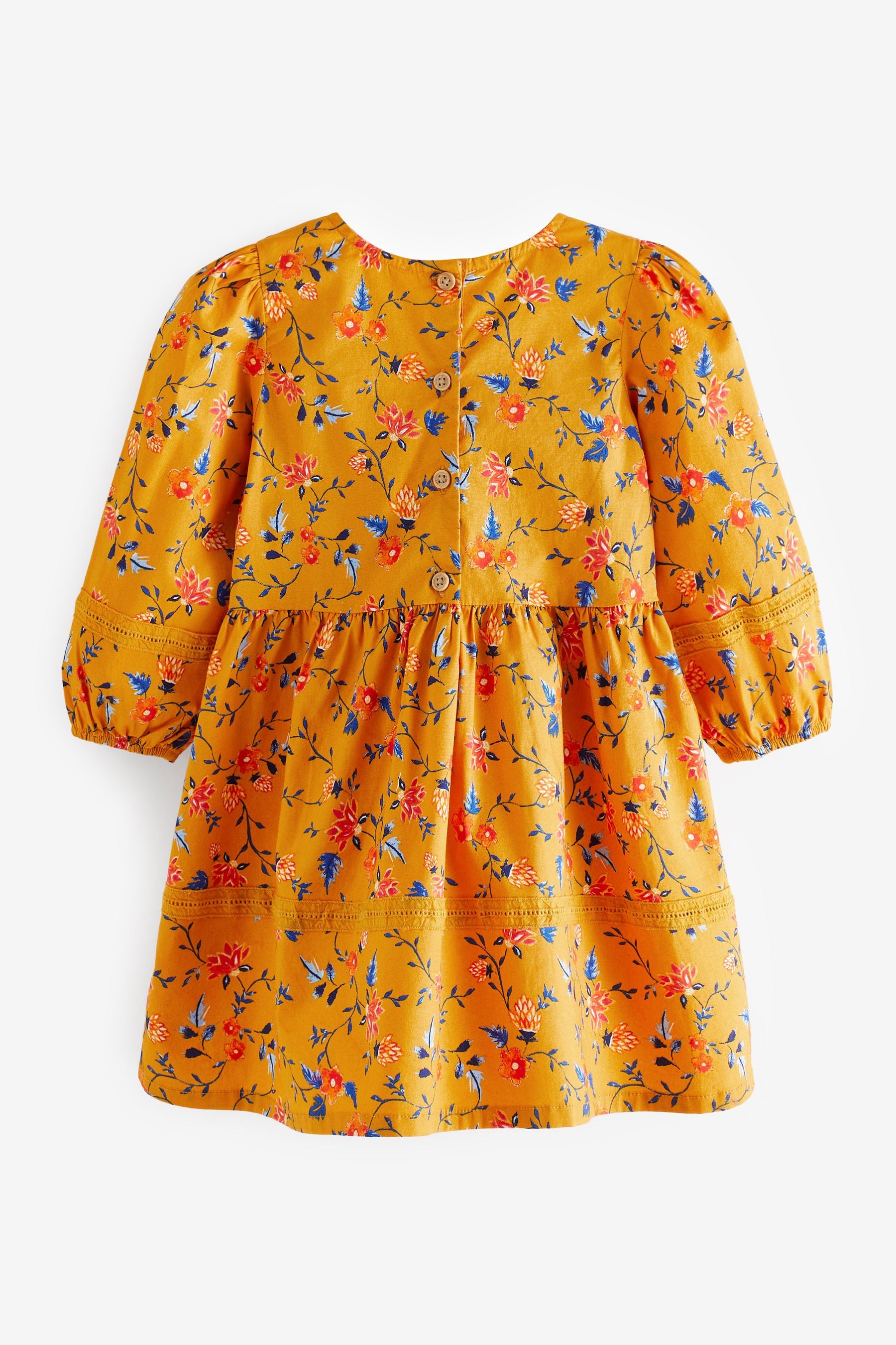 Ochre Yellow Printed Lace Trim Dress (3mths-7yrs)