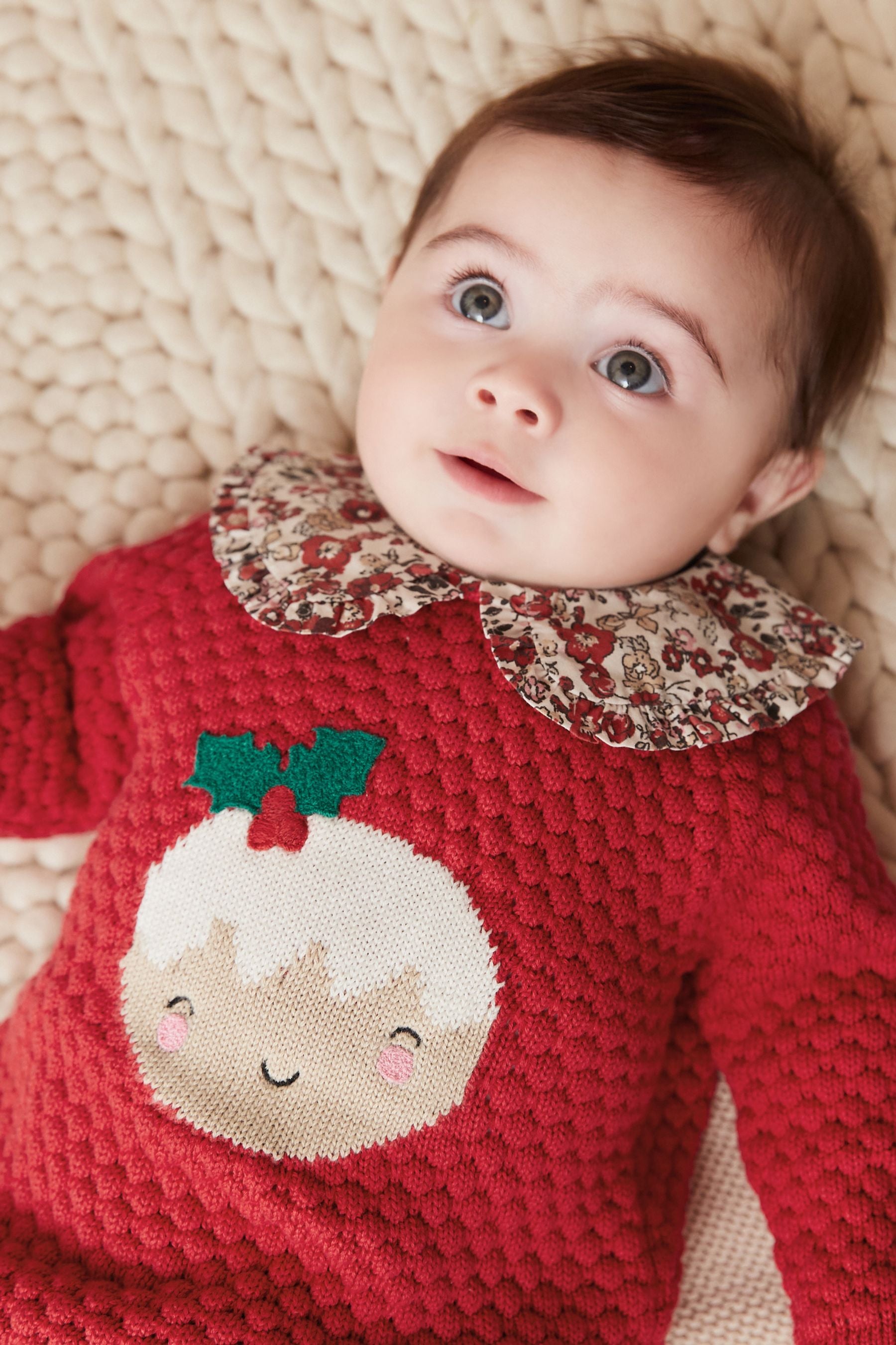 Red Christmas Pudding Knitted Baby Collared Jumper (0mths-2yrs)