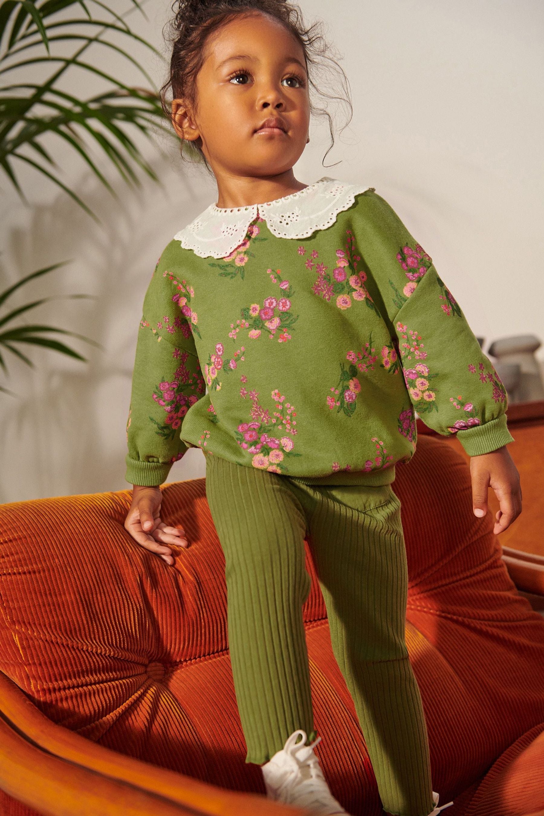 Green/Pink Floral Collar Sweatshirt And Leggings Set (3mths-7yrs)