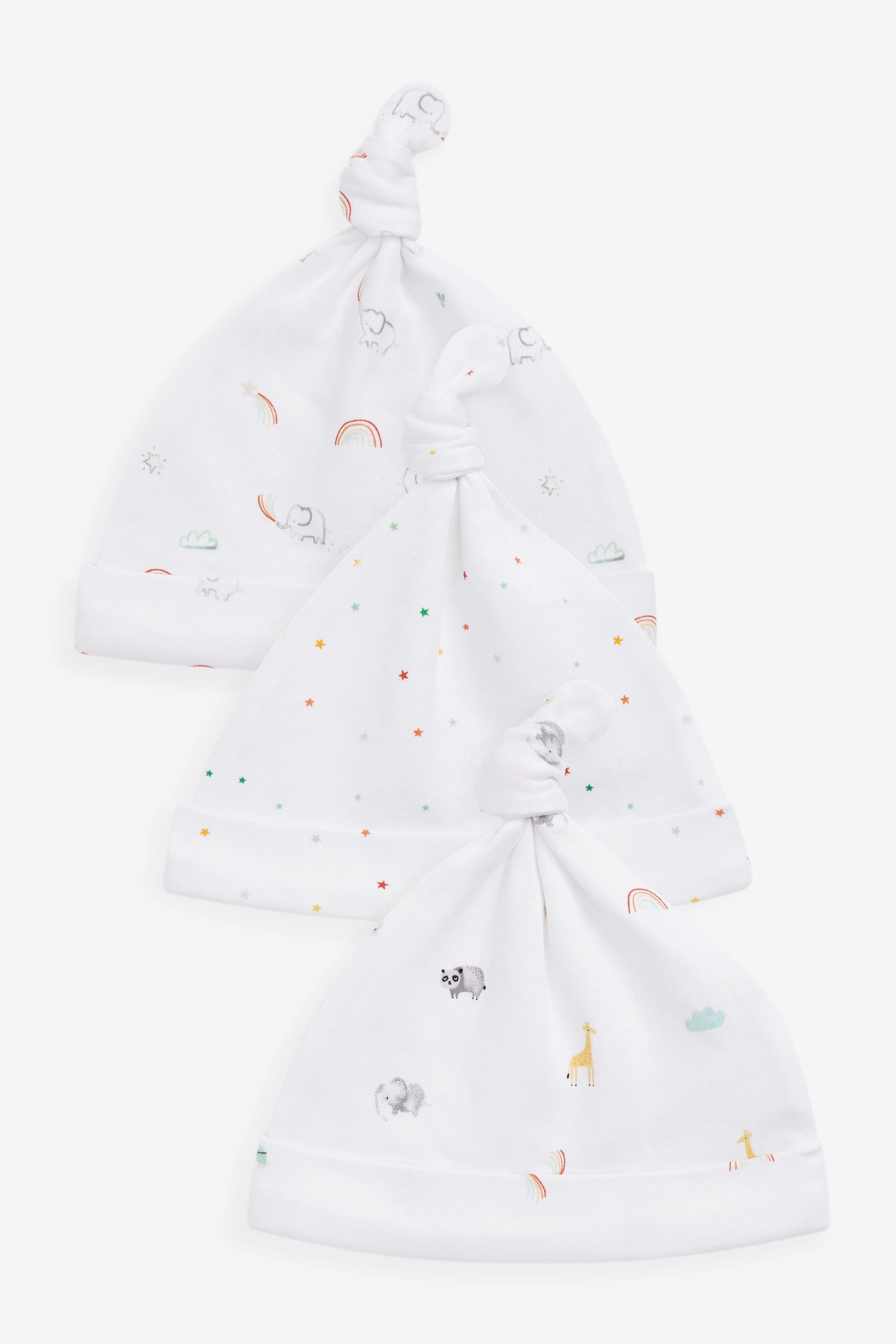 White Bright Rainbow Print Baby Tie Top Hats 3 Pack (0-12mths)