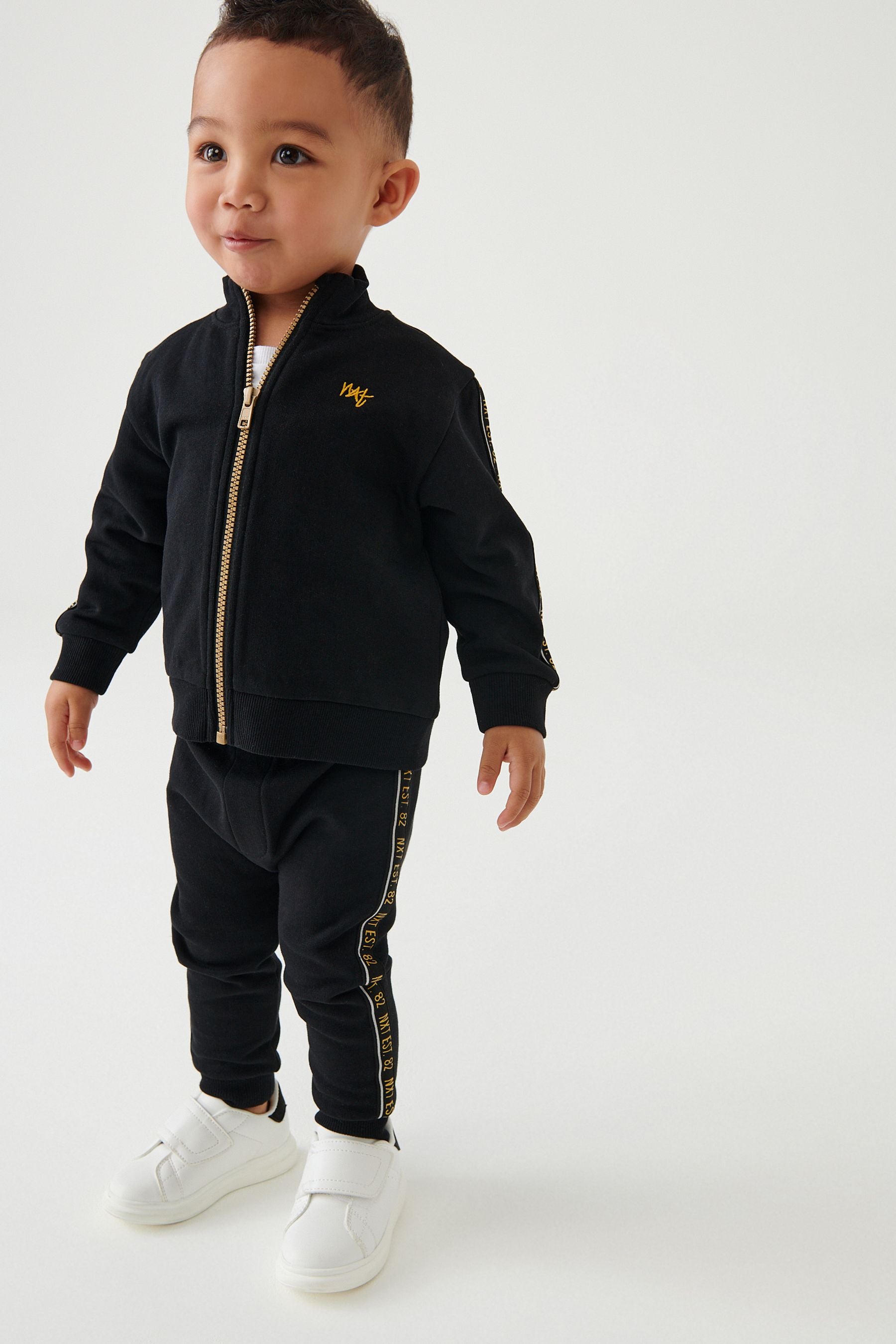 Black Gold Tape Funnel Neck Zip Through and Joggers Set (3mths-7yrs)