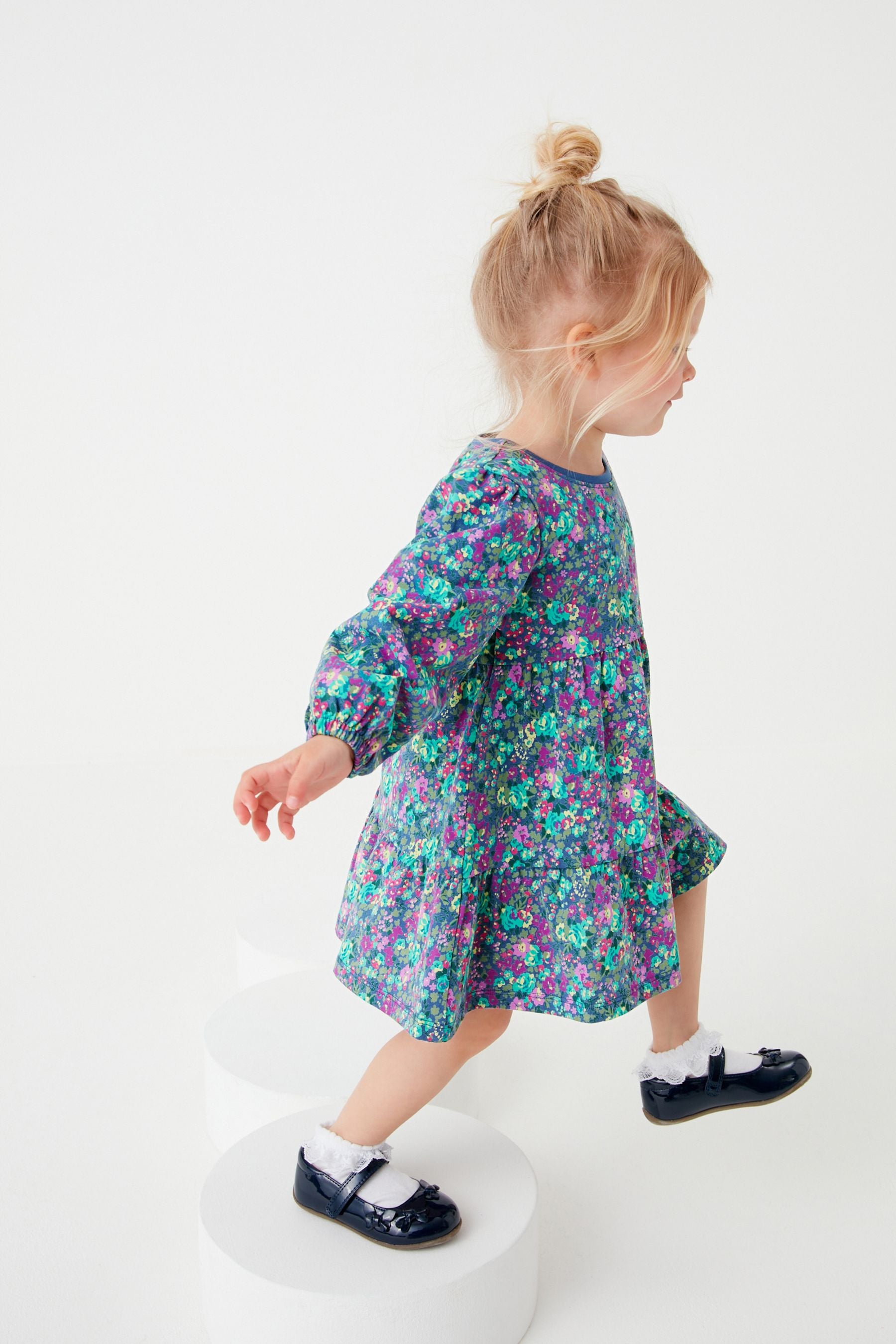 Navy Floral Tiered Jersey Dress (3mths-7yrs)