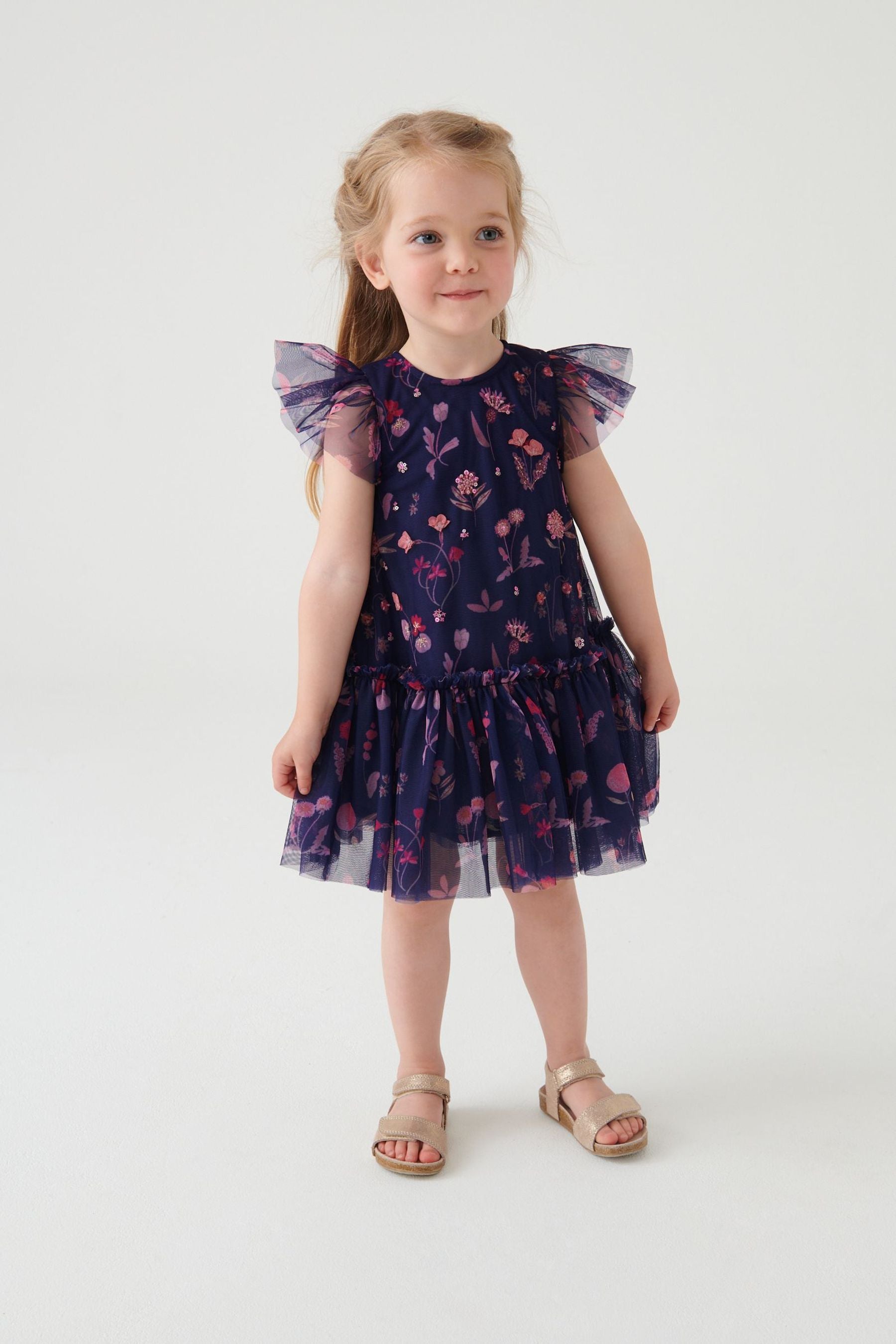 Navy Blue/Pink Sequin Embellished Mesh Party Dress (3mths-7yrs)