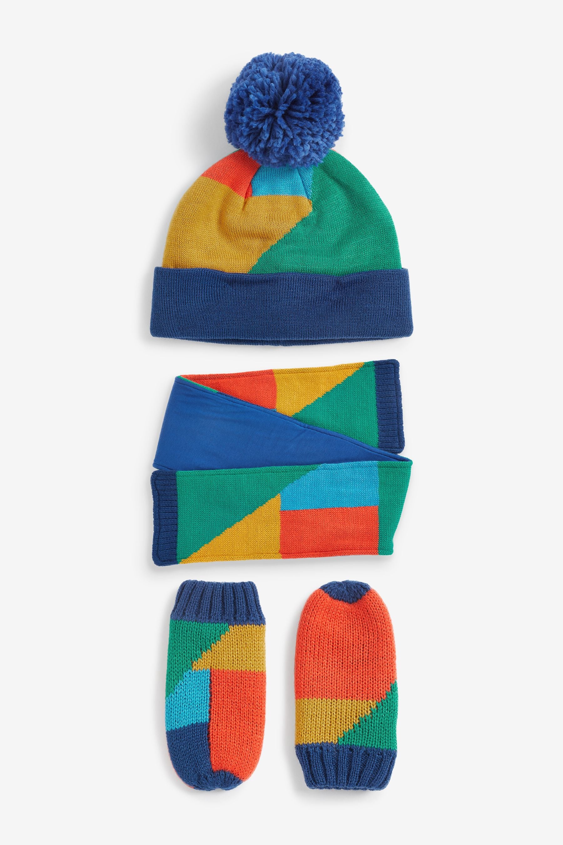 Multi Bright Colourblock Hat, Mittens And Scarf Set (3mths-10yrs)