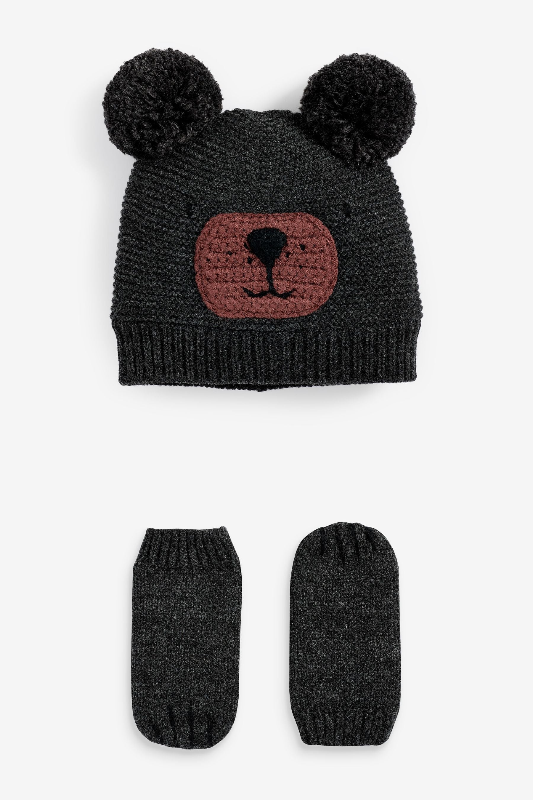 Charcoal Grey Bear Hat And Mittens Set (3mths-10yrs)