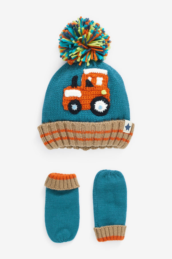 Teal Tractor Hat And Mittens Set (3mths-10yrs)