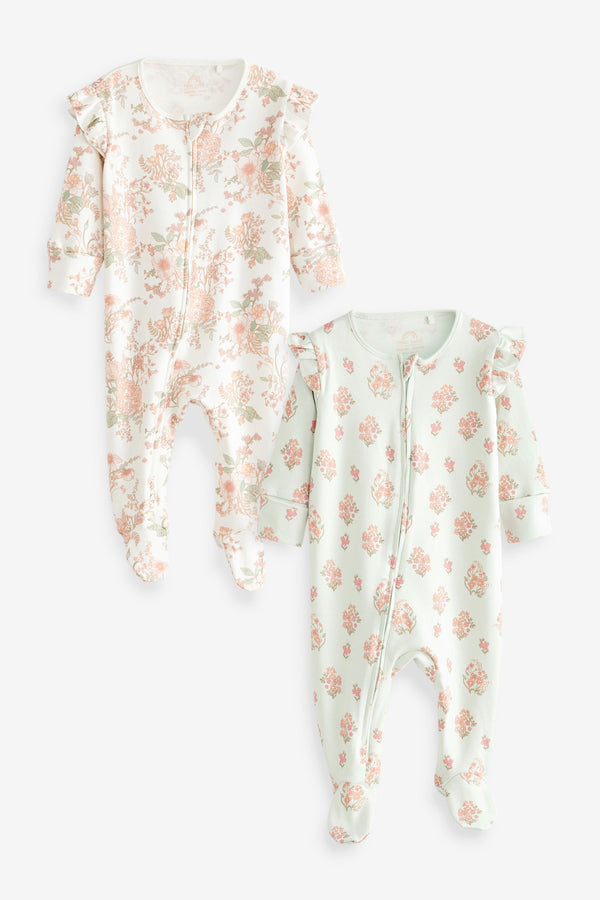 Cream/Mint Green Floral 2 Pack Zip Baby Sleepsuits (0-2yrs)