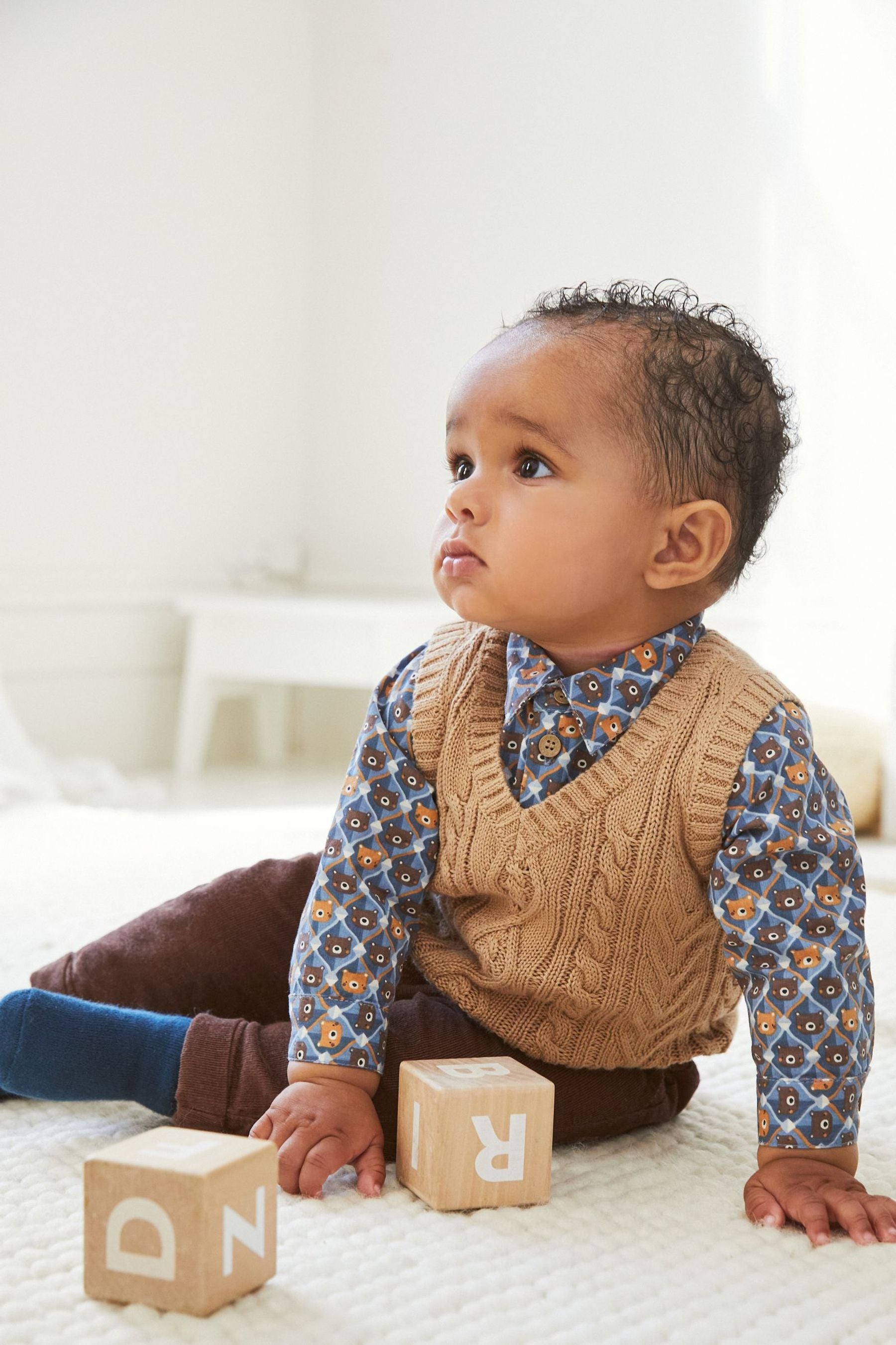 Brown 3 Piece Baby Woven Trousers, Shirt Bodysuit And Knitted Tank Top Set (0mths-3yrs)