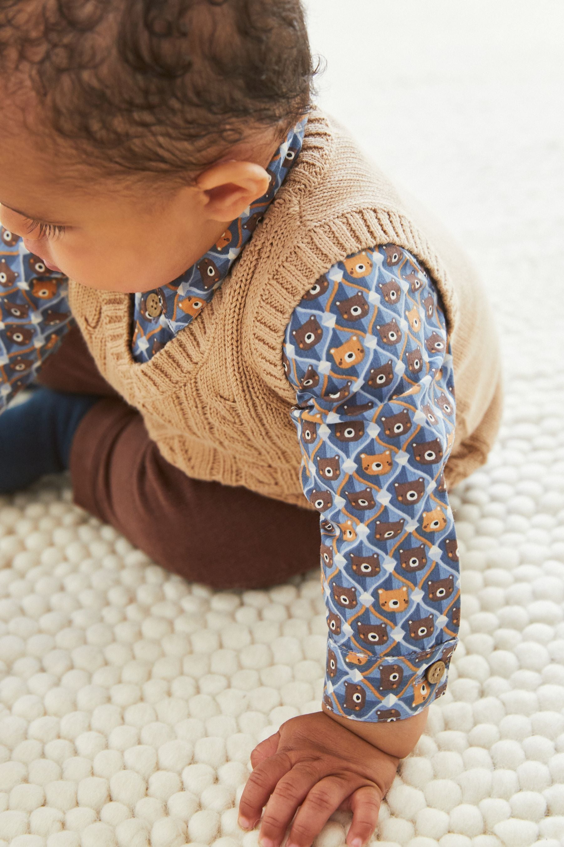 Brown 3 Piece Baby Woven Trousers, Shirt Bodysuit And Knitted Tank Top Set (0mths-3yrs)