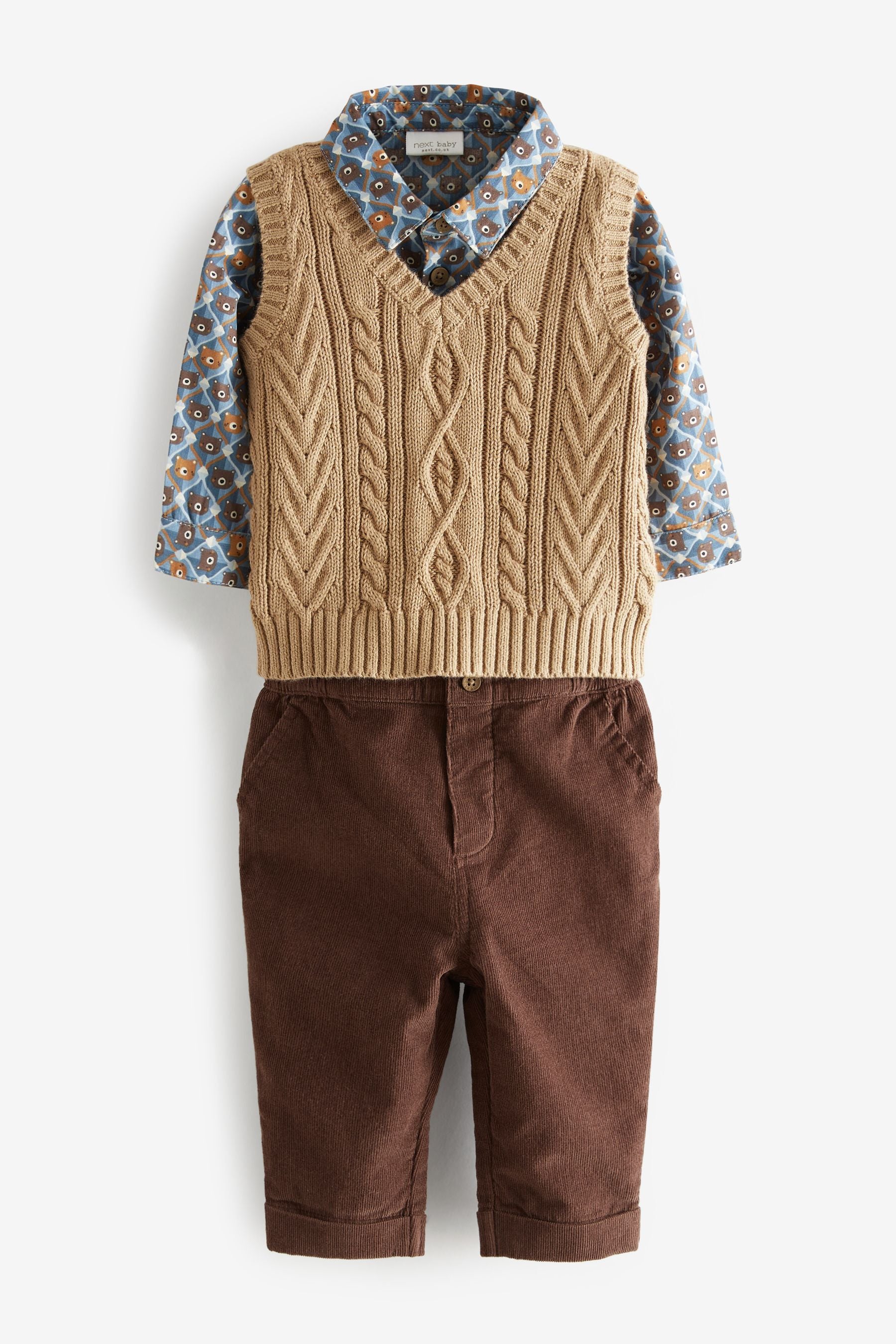 Brown 3 Piece Baby Woven Trousers, Shirt Bodysuit And Knitted Tank Top Set (0mths-3yrs)