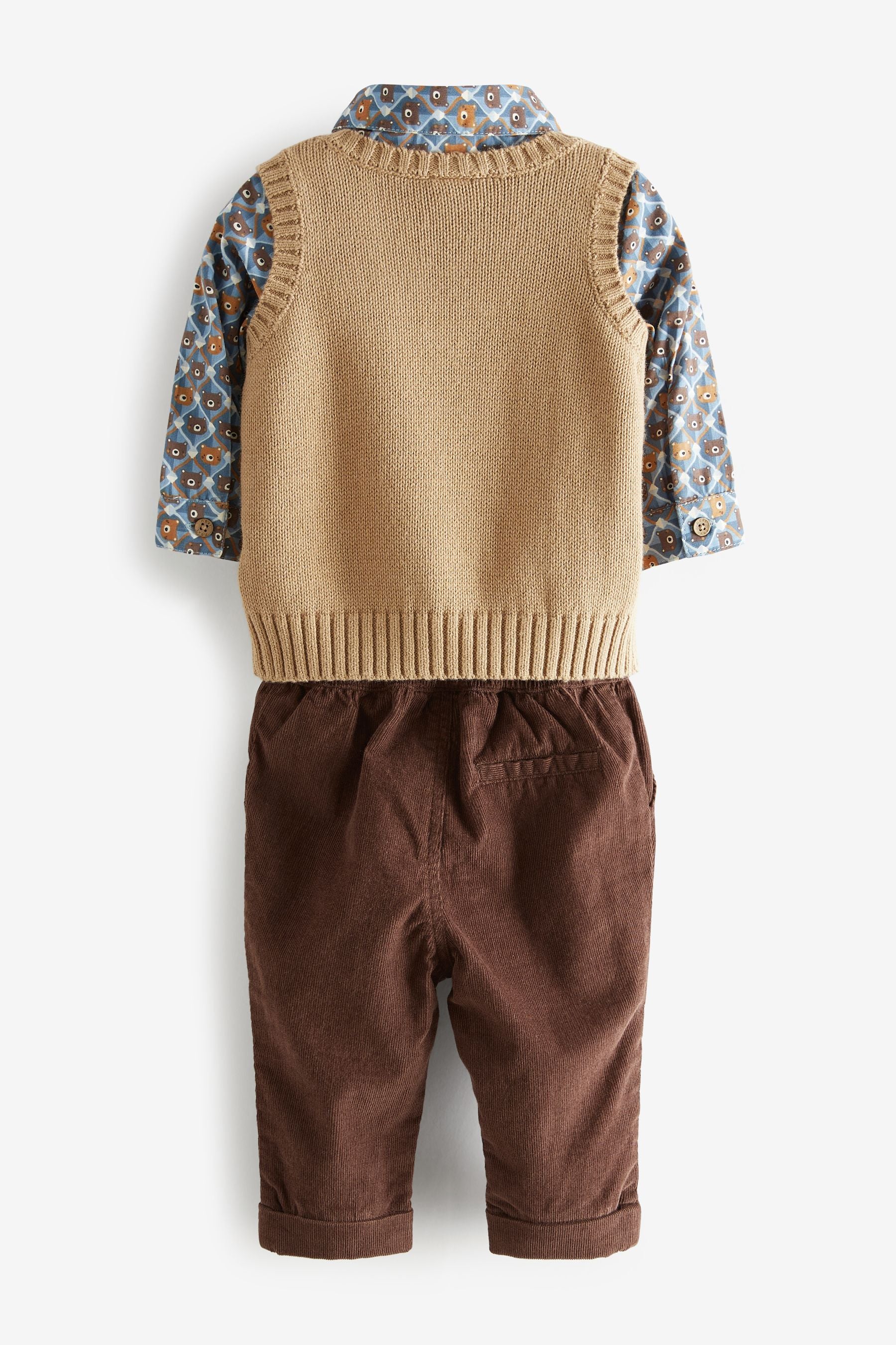 Brown 3 Piece Baby Woven Trousers, Shirt Bodysuit And Knitted Tank Top Set (0mths-3yrs)