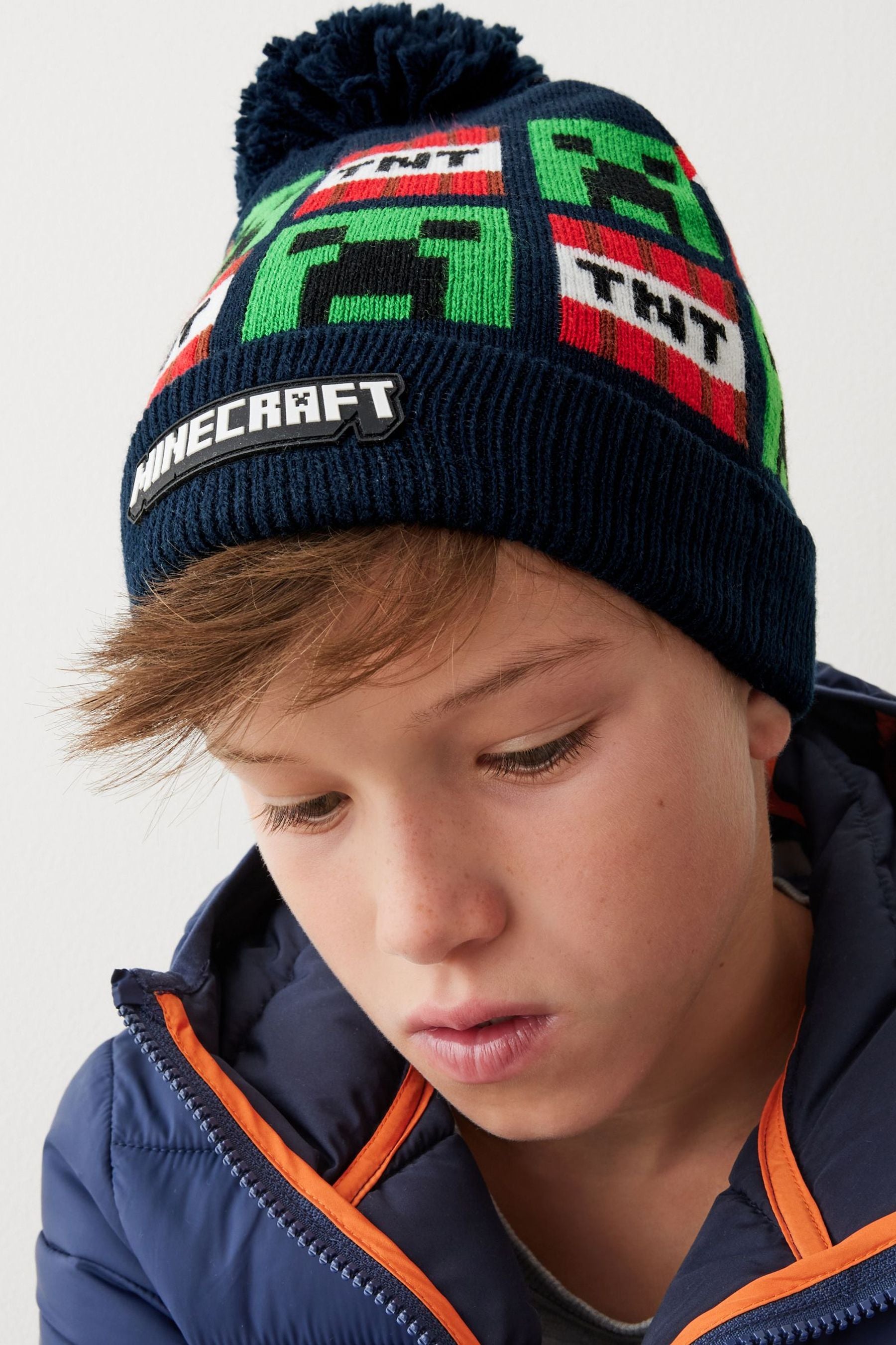 Minecraft Navy Blue License Knitted Pom Hat (3-16yrs)