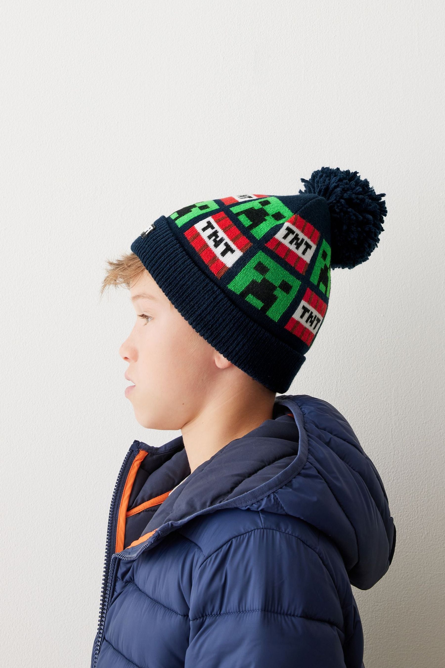 Minecraft Navy Blue License Knitted Pom Hat (3-16yrs)