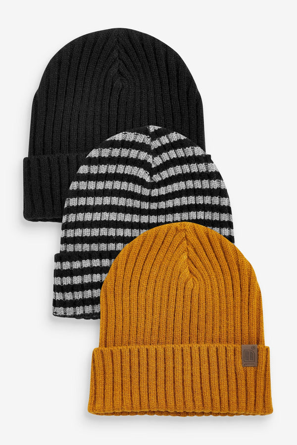 Black/Grey/Ochre Yellow 3 Pack Knitted Ribbed Beanie Hats (1-16yrs)