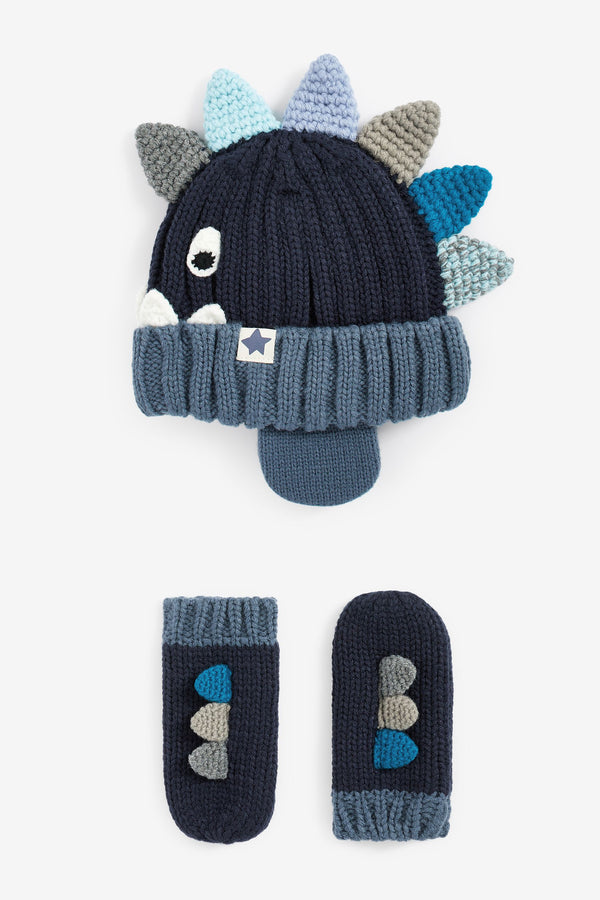 Blue Dino Hat And Mittens Set (3mths-10yrs)