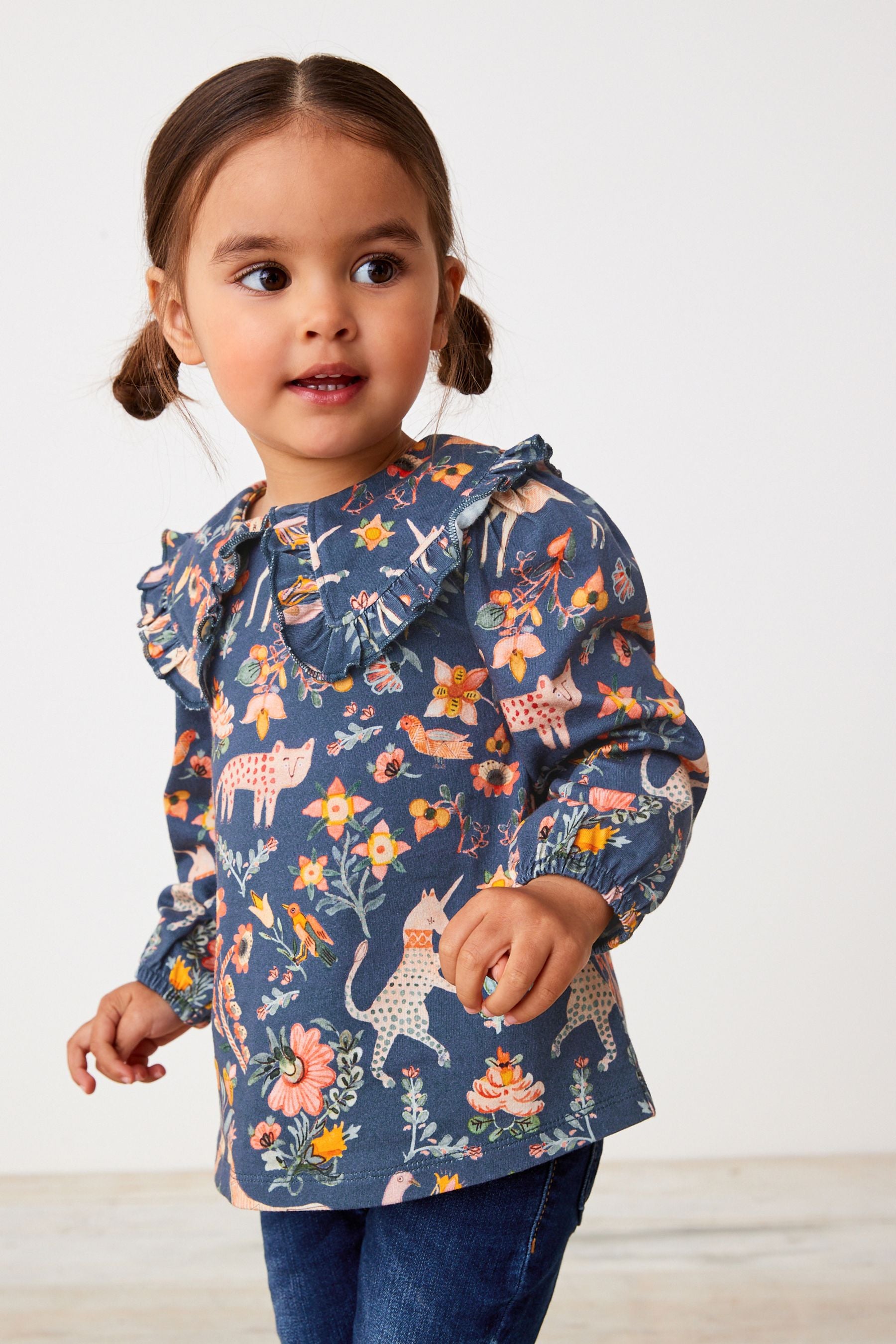 Navy Folk Floral Collared Cotton Blouse (3mths-7yrs)