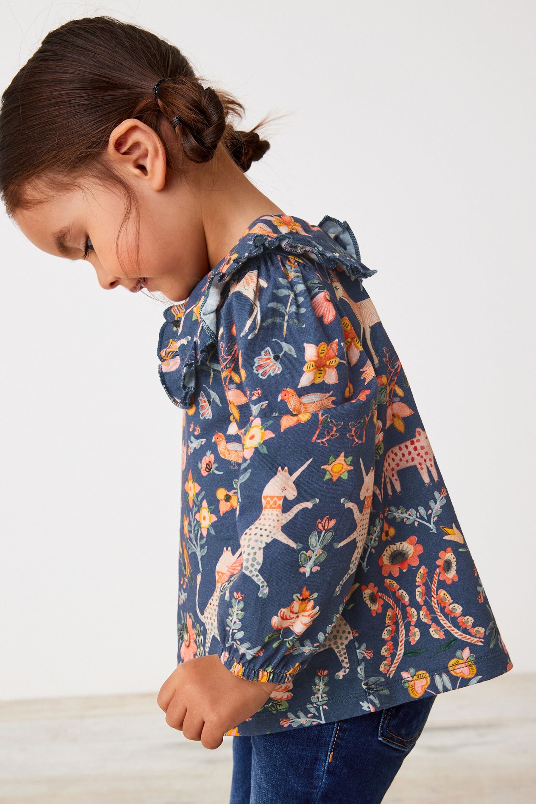 Navy Folk Floral Collared Cotton Blouse (3mths-7yrs)