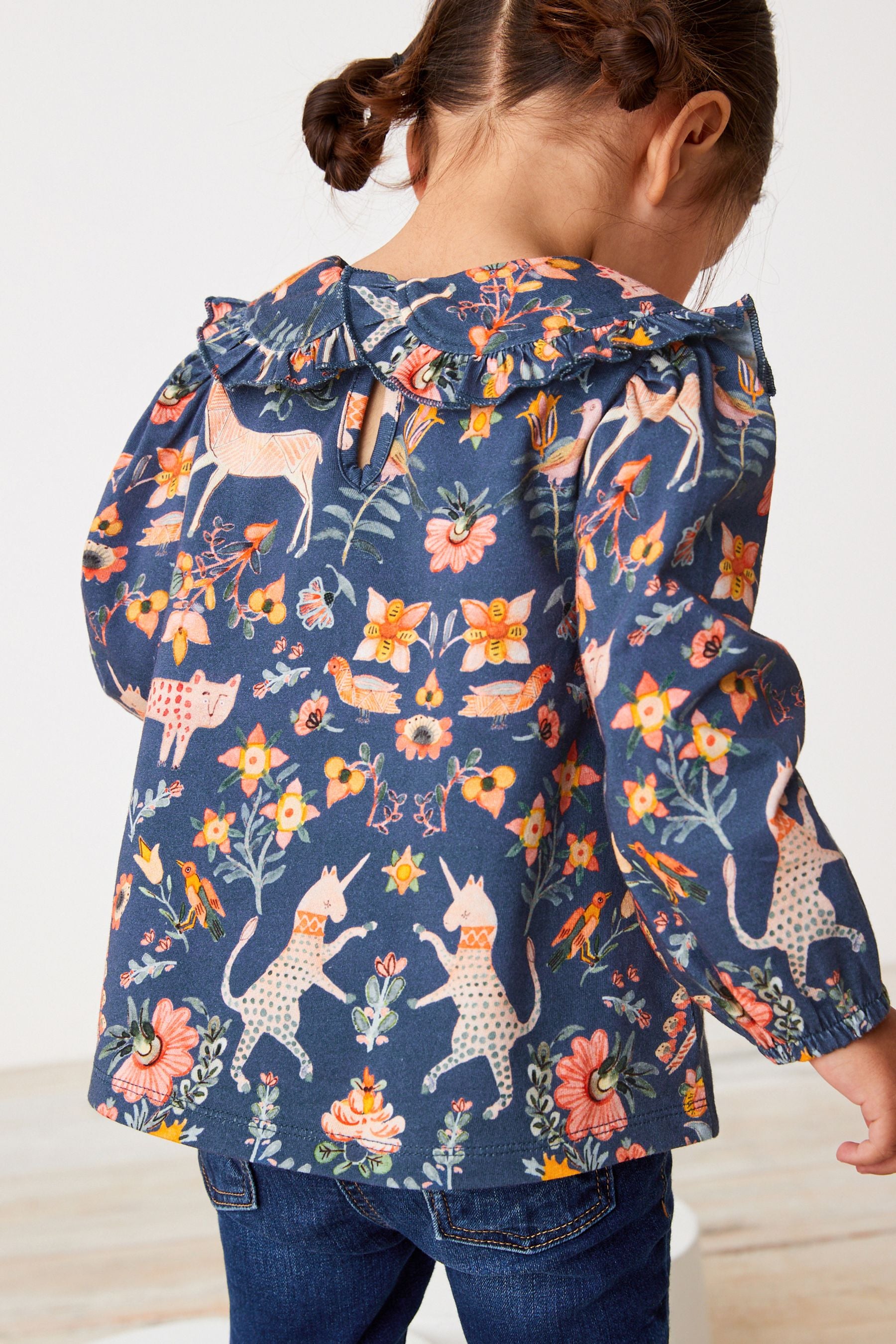 Navy Folk Floral Collared Cotton Blouse (3mths-7yrs)