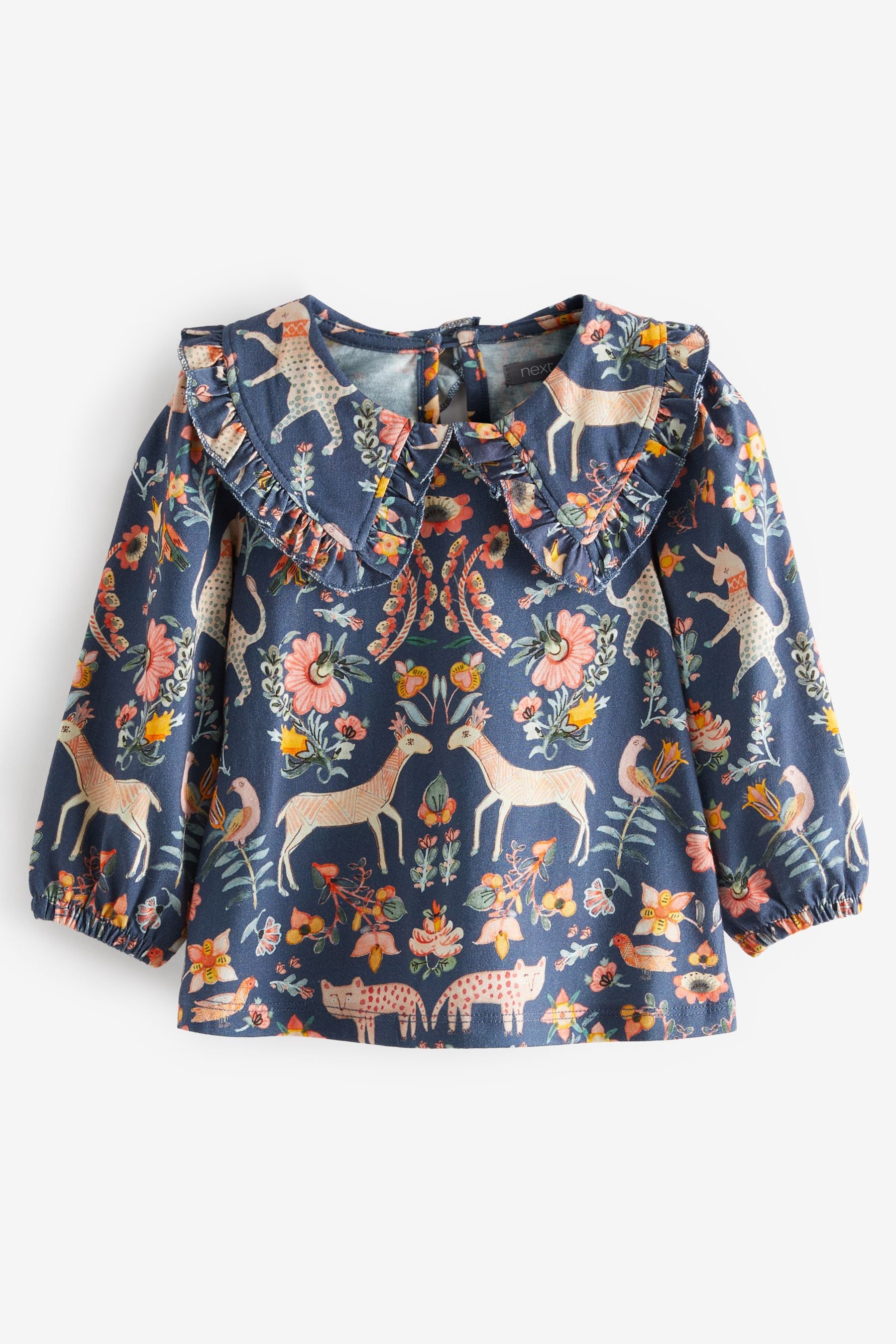 Navy Folk Floral Collared Cotton Blouse (3mths-7yrs)