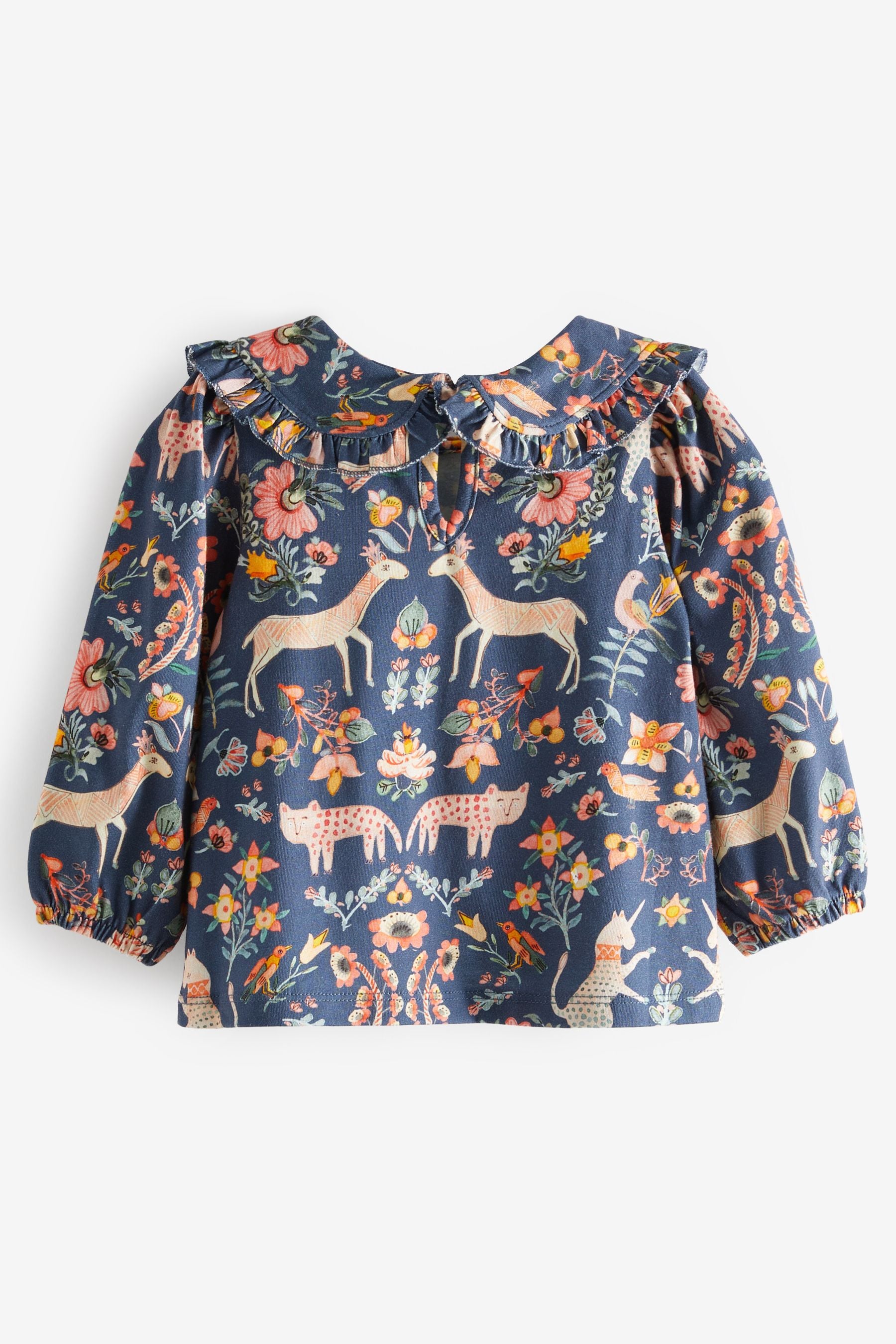 Navy Folk Floral Collared Cotton Blouse (3mths-7yrs)