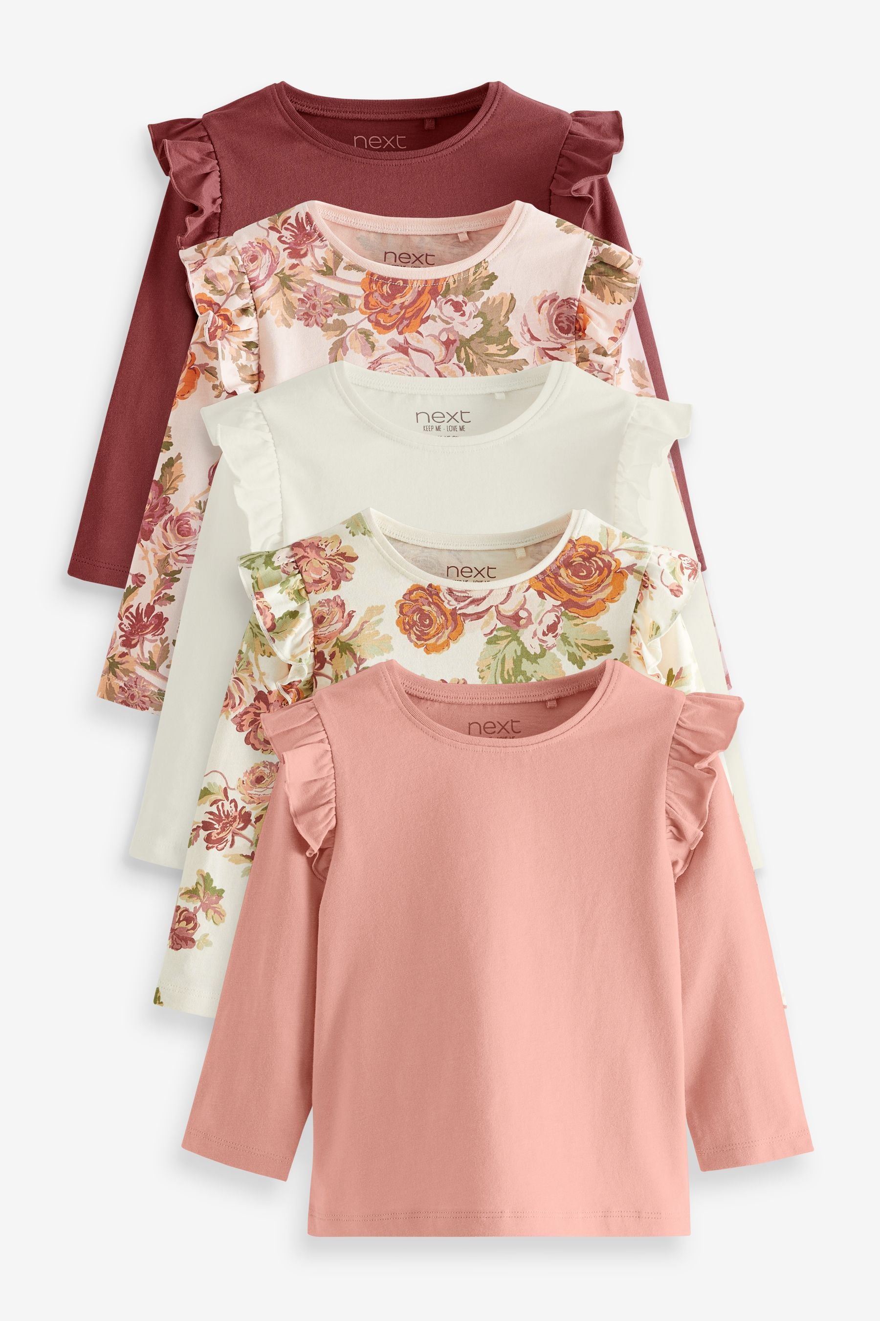 Pink Floral 5 Pack Long Sleeve Cotton T-Shirts (3mths-7yrs)