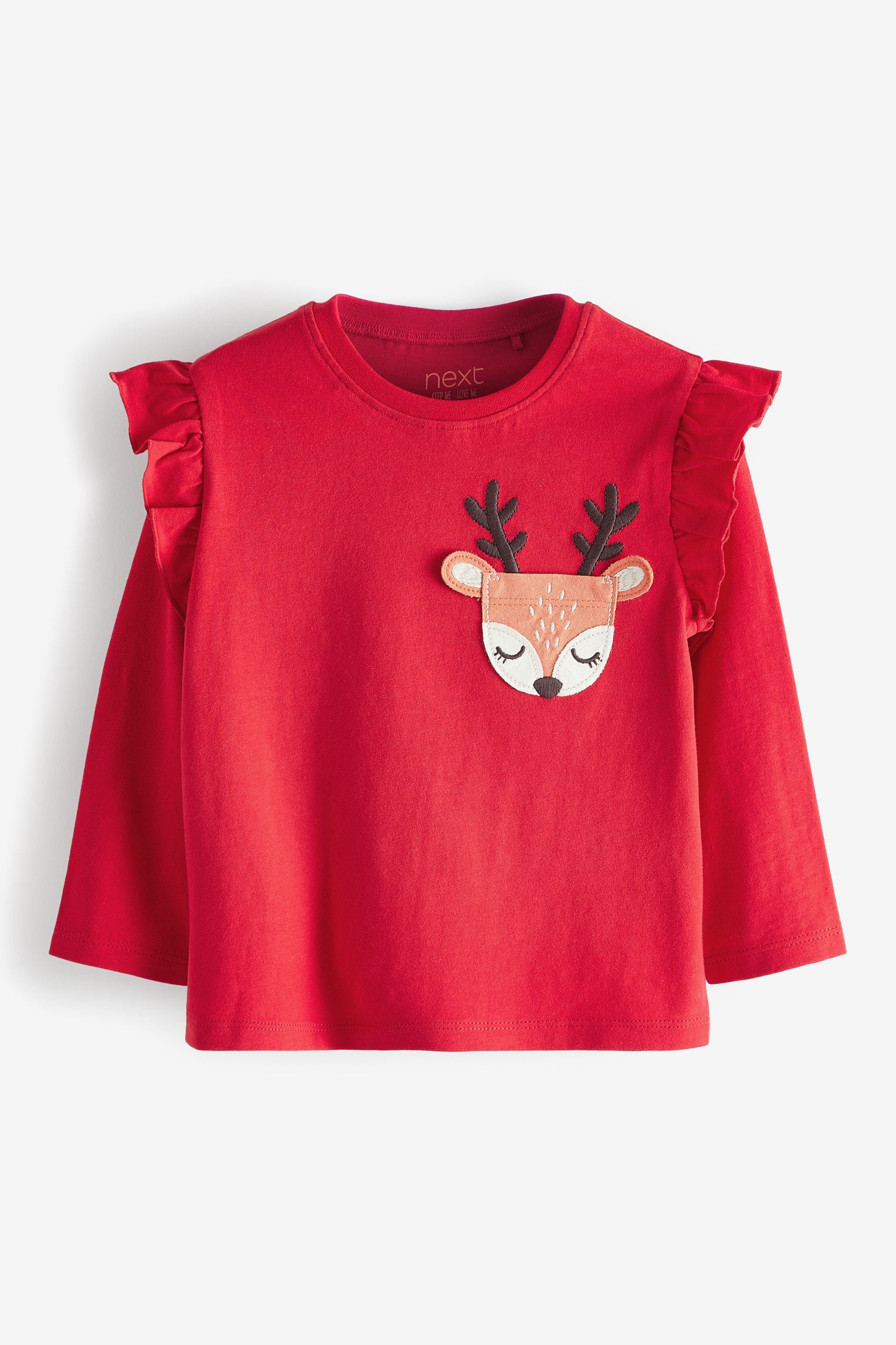 Red Reindeer Pocket Long Sleeve Cotton T-Shirt (3mths-7yrs)