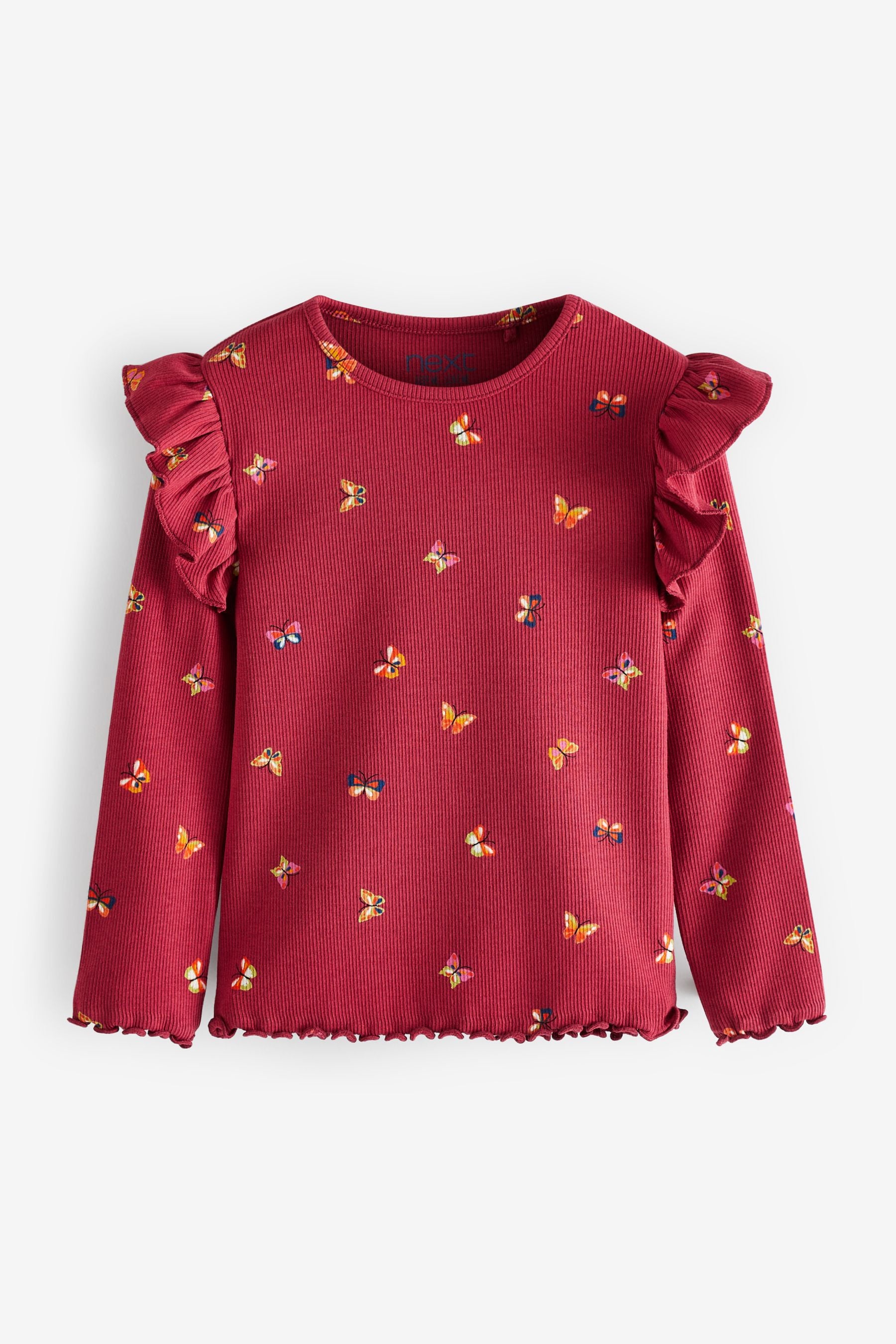 Burgundy Red Butterfly Long Sleeve Frill Rib Jersey Top (3mths-7yrs)