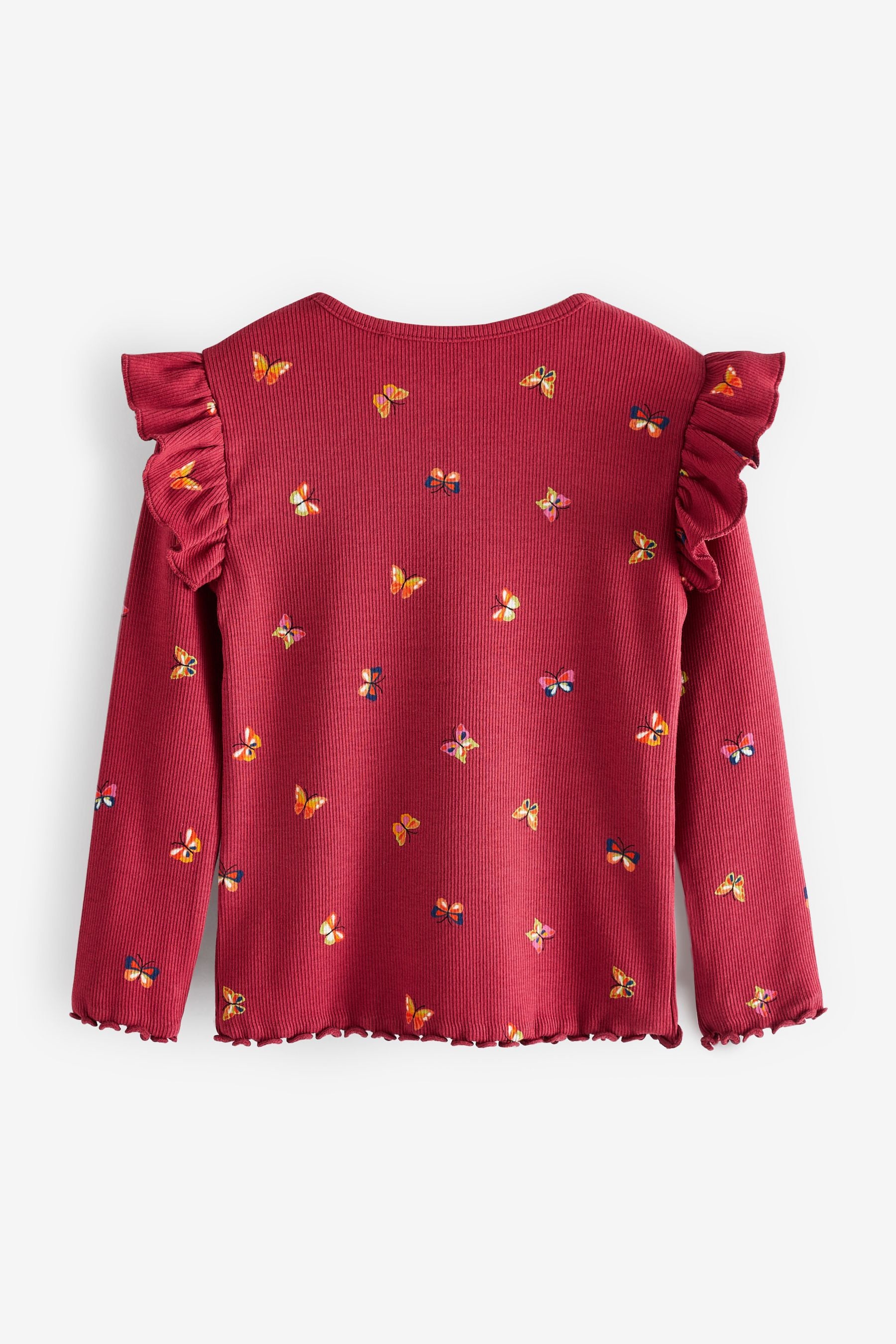 Burgundy Red Butterfly Long Sleeve Frill Rib Jersey Top (3mths-7yrs)