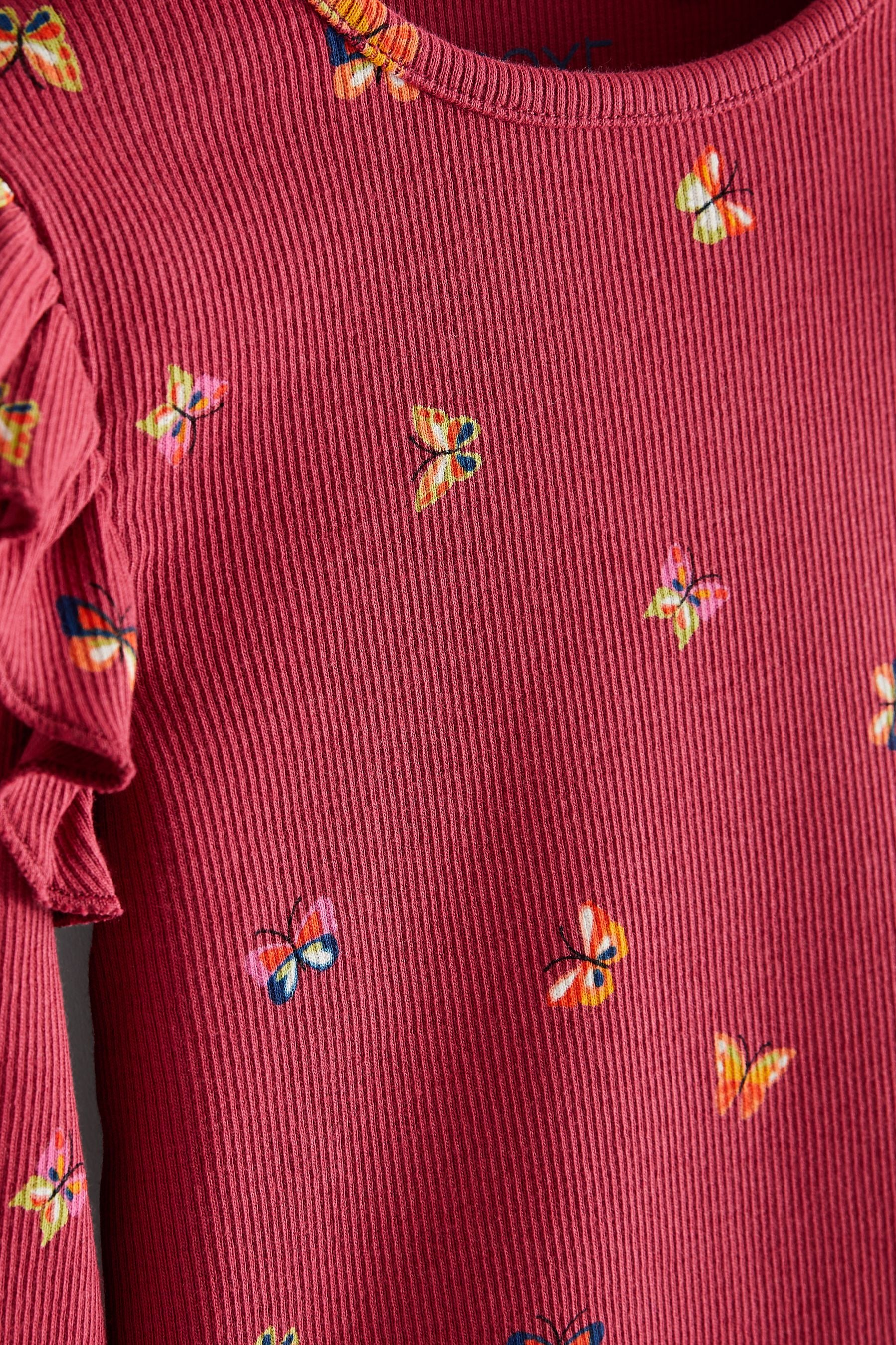 Burgundy Red Butterfly Long Sleeve Frill Rib Jersey Top (3mths-7yrs)