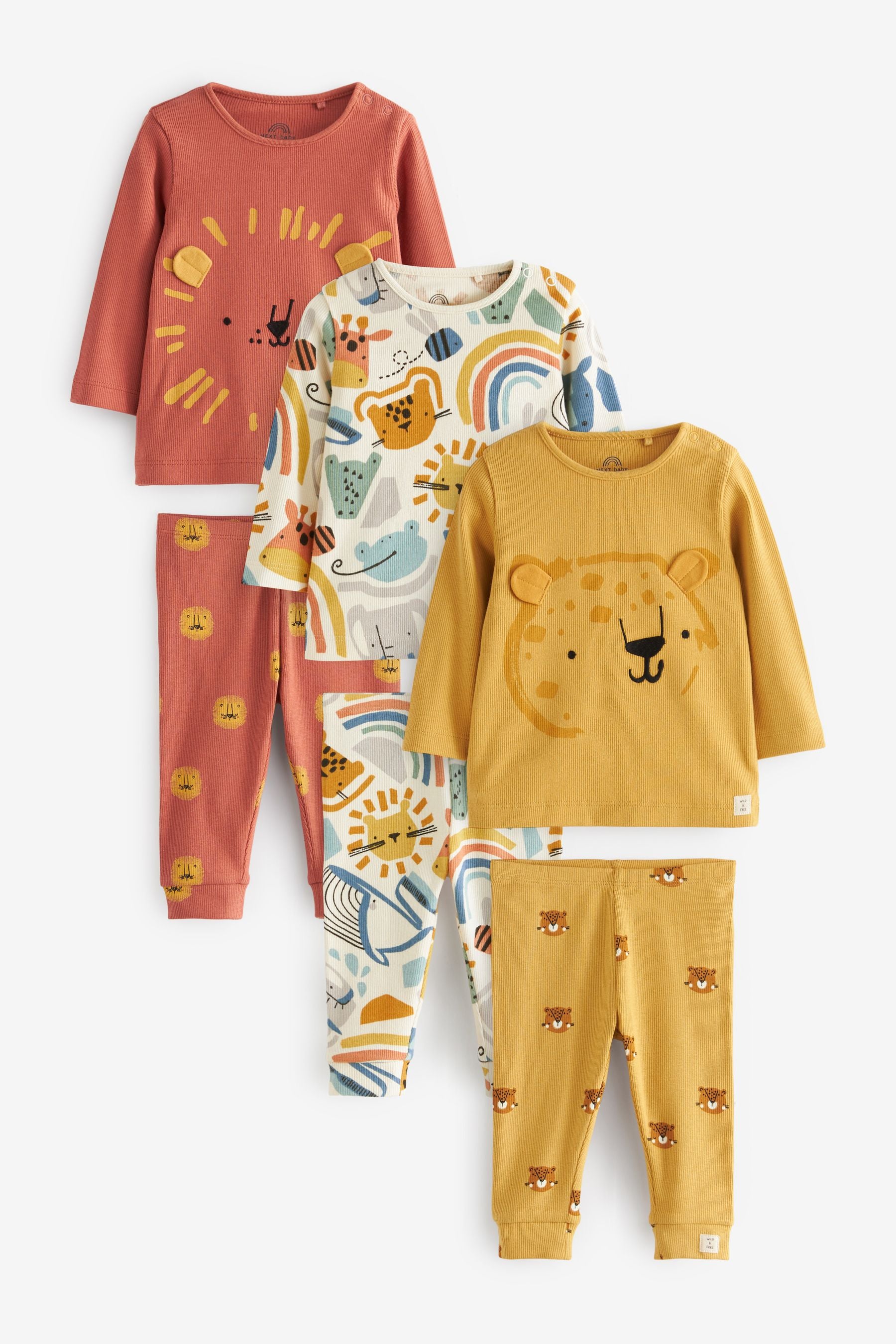 Orange/Ochre Yellow Safari Animals Baby T-Shirts And Leggings Set 6 Pack