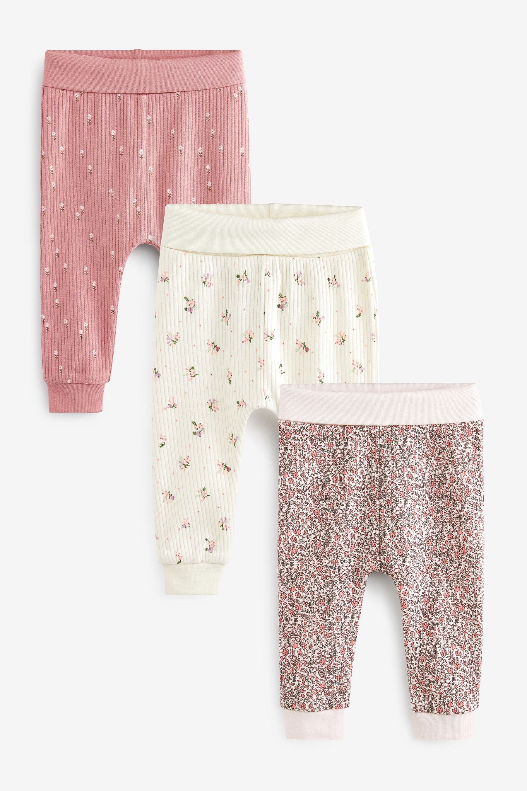 Pink Floral Roll Top Baby Leggings 3 Pack